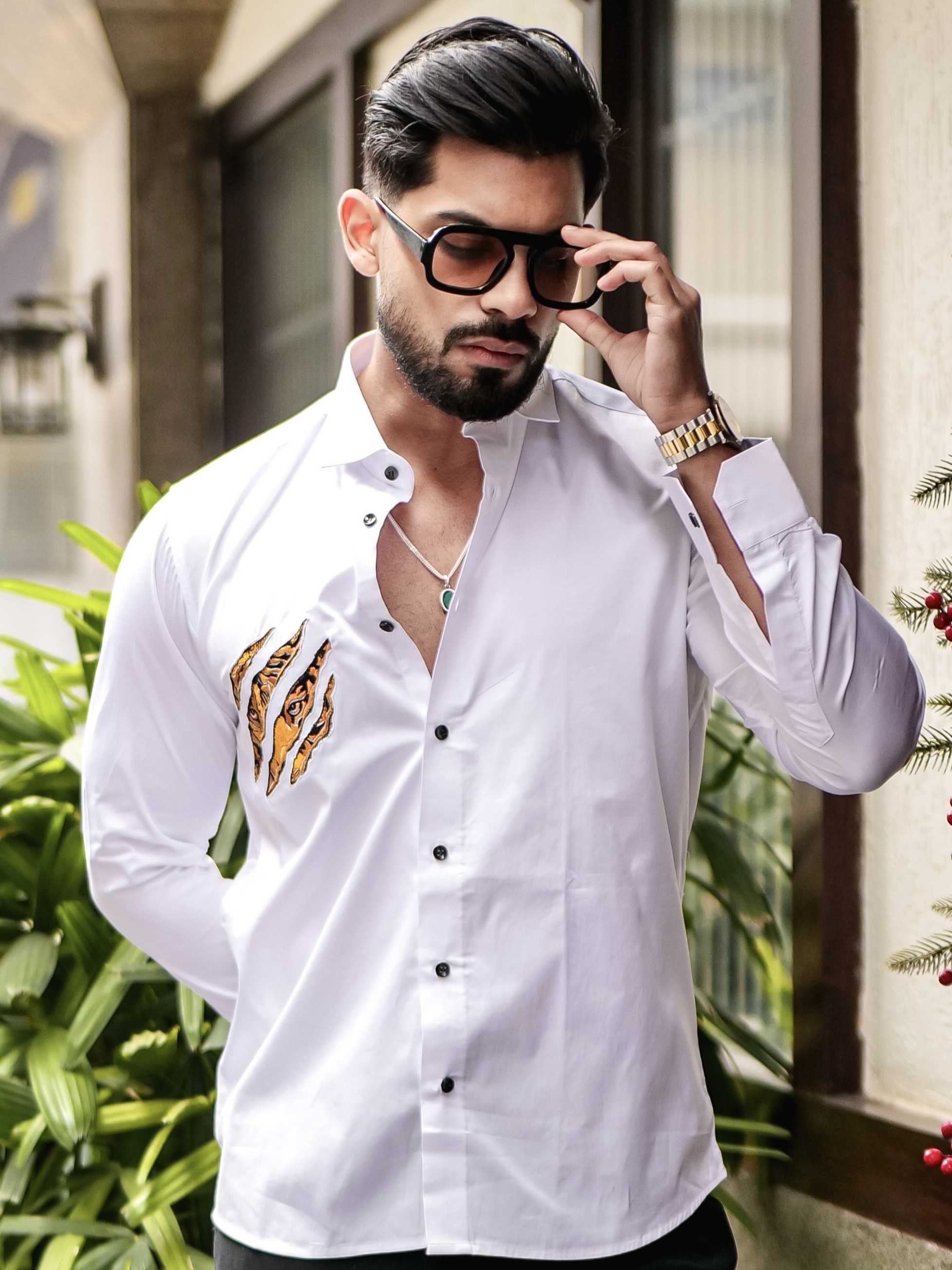 WHITE CLUB WEAR EMBROIDERY SATIN COTTON SHIRT - Image 5