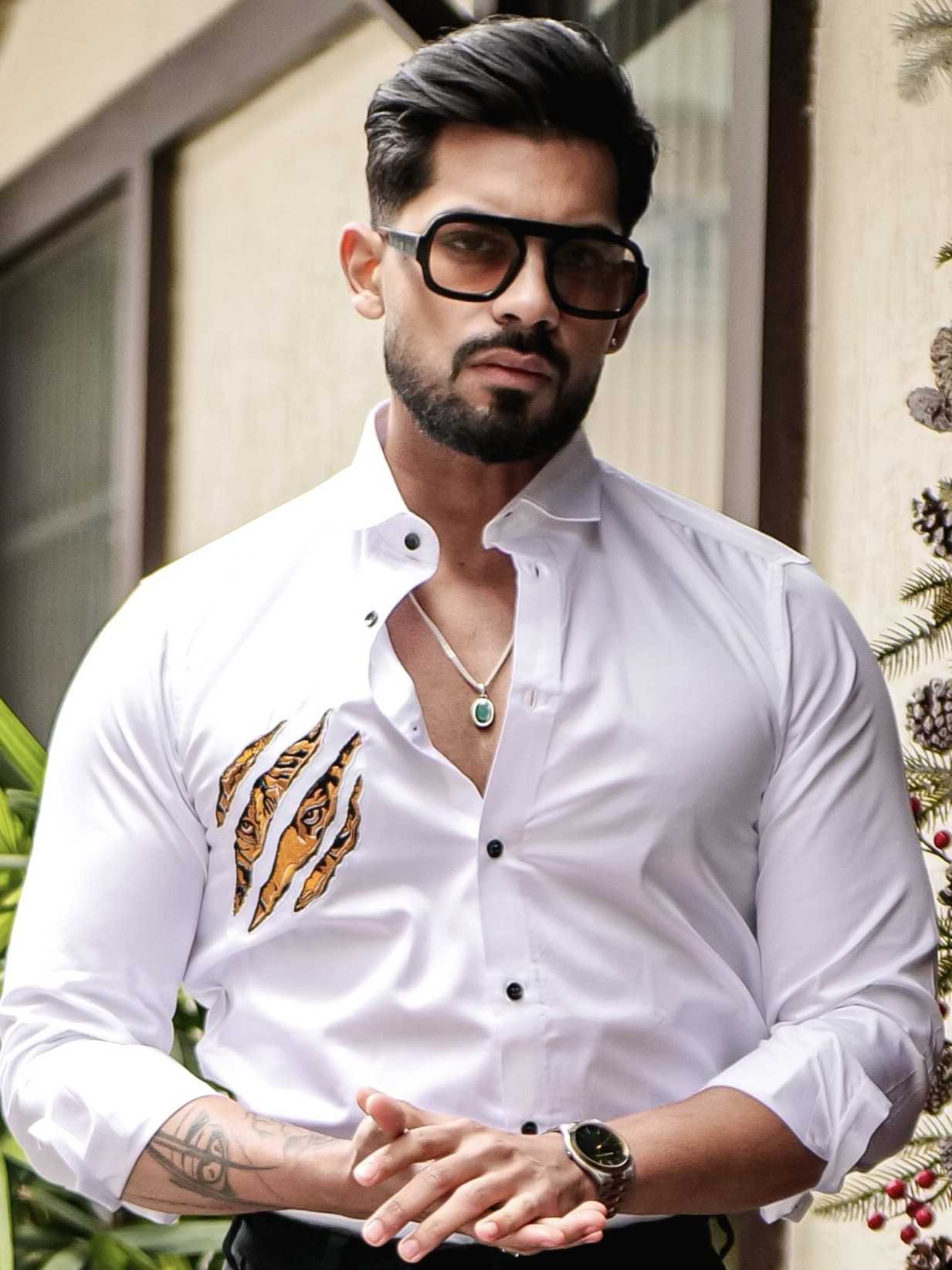 WHITE CLUB WEAR EMBROIDERY SATIN COTTON SHIRT - Image 7