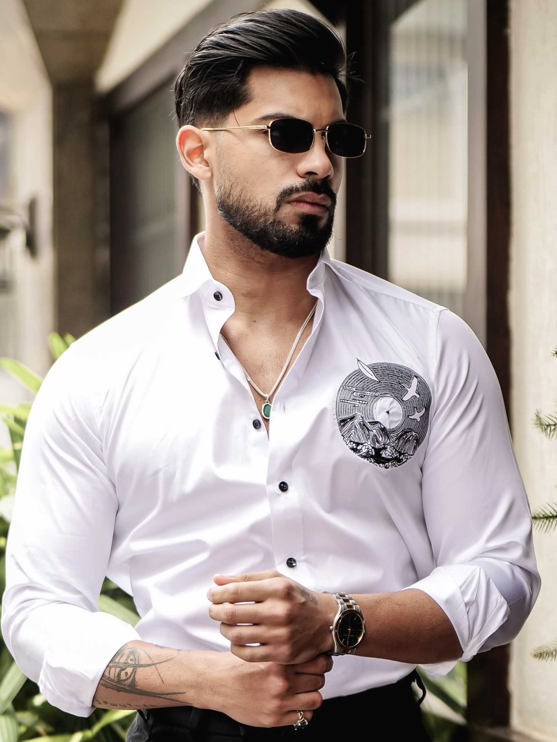 WHITE CLUB WEAR EMBROIDERY SATIN COTTON SHIRT - Image 11