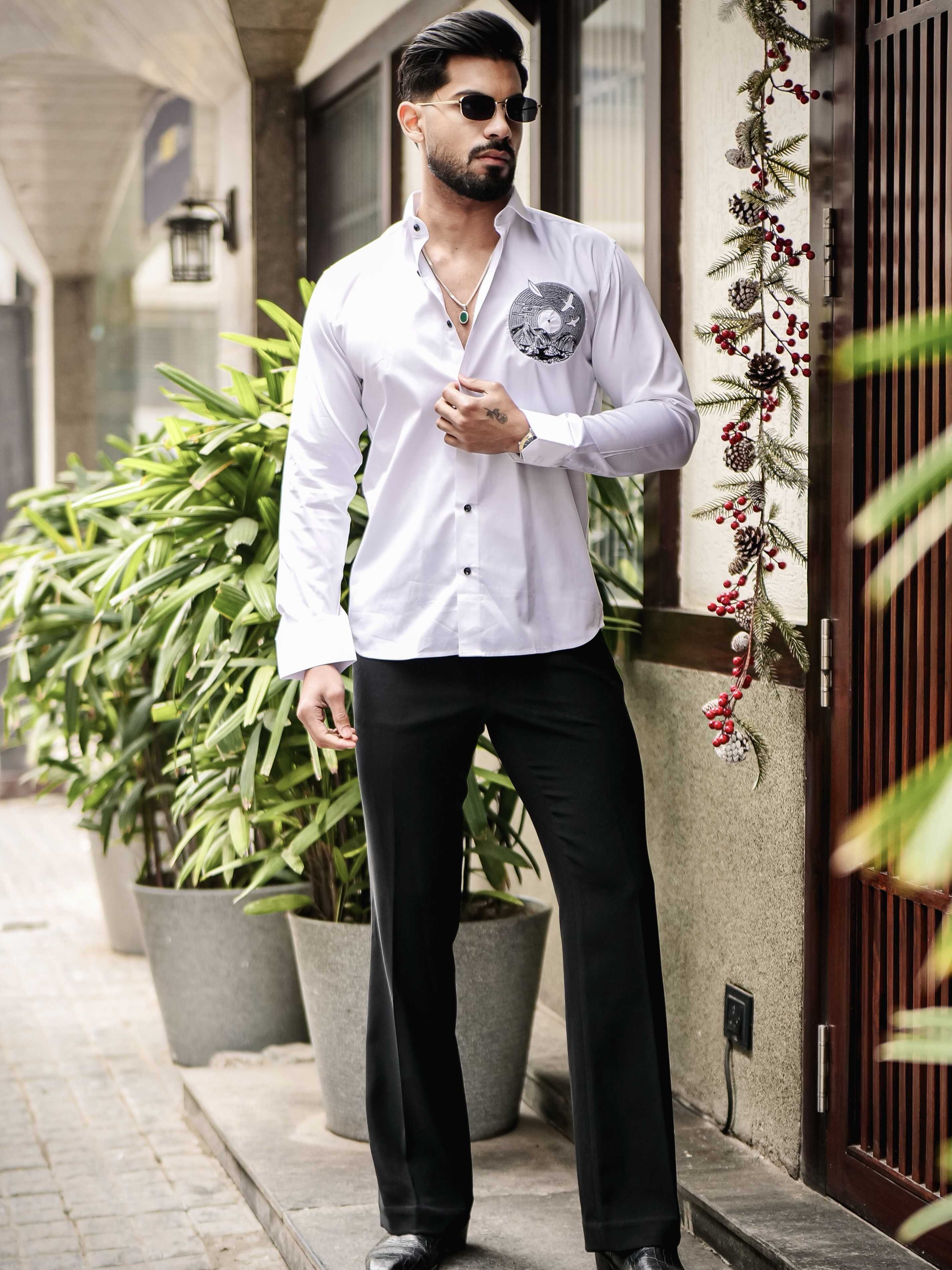 WHITE CLUB WEAR EMBROIDERY SATIN COTTON SHIRT - Image 3