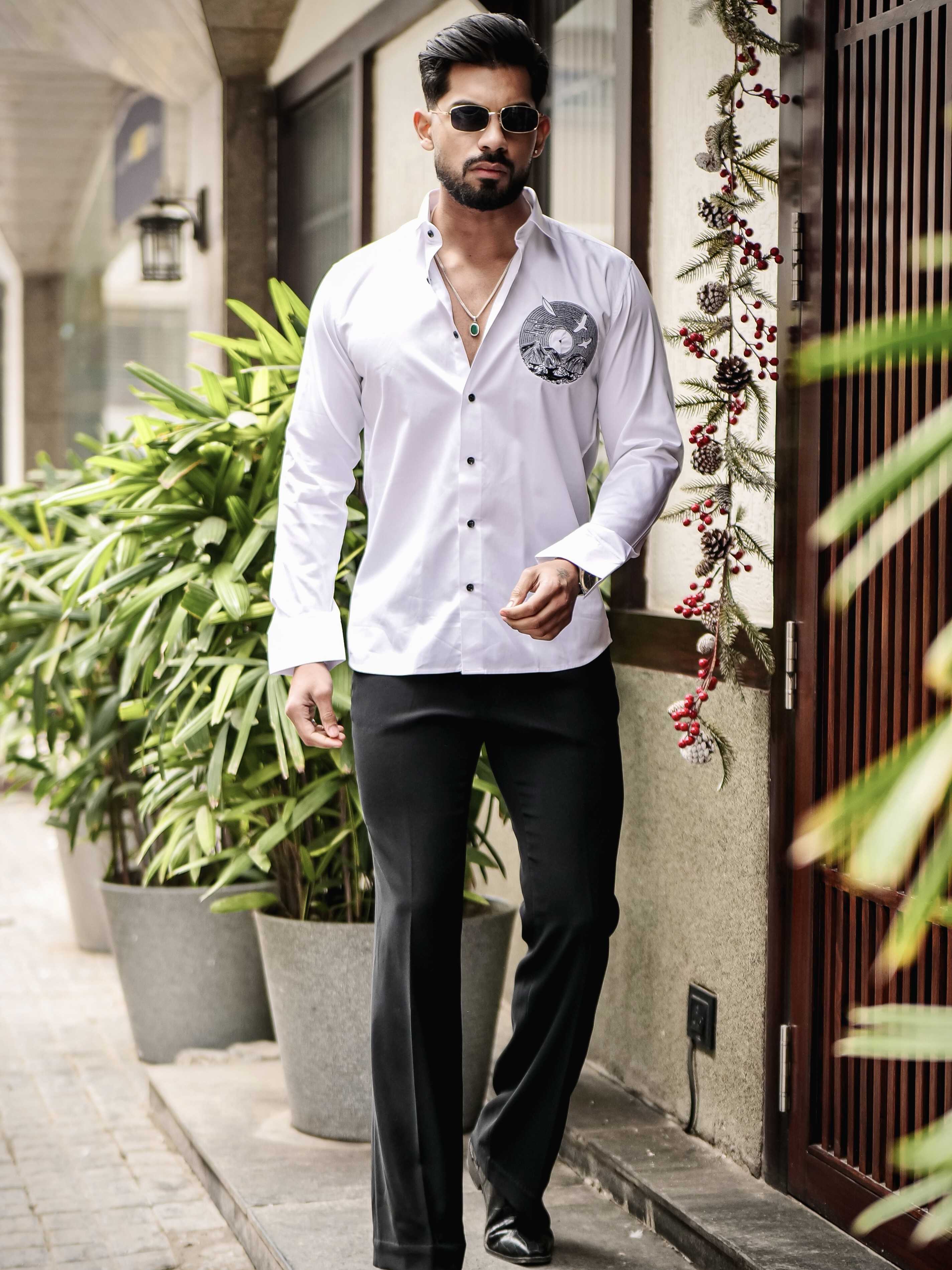 WHITE CLUB WEAR EMBROIDERY SATIN COTTON SHIRT - Image 4
