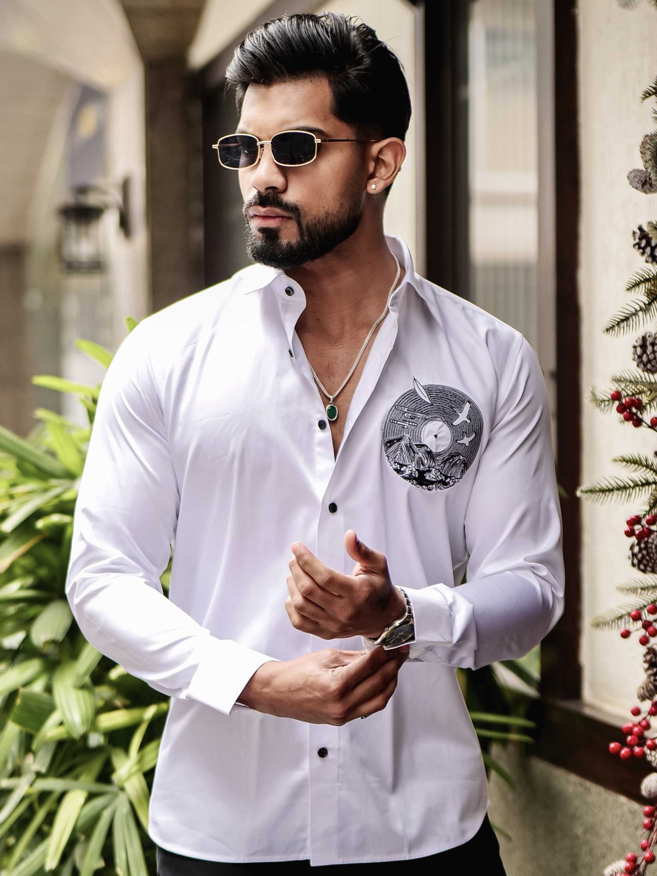 WHITE CLUB WEAR EMBROIDERY SATIN COTTON SHIRT - Image 6