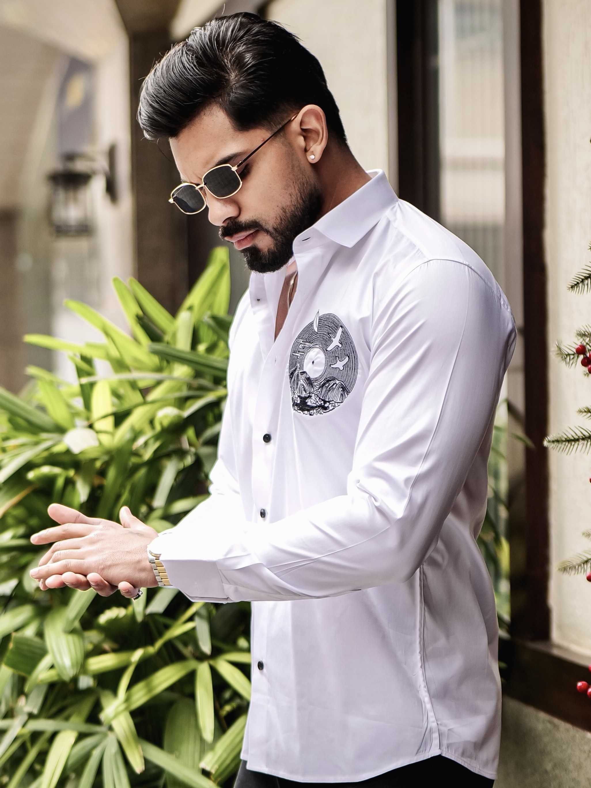 WHITE CLUB WEAR EMBROIDERY SATIN COTTON SHIRT - Image 7