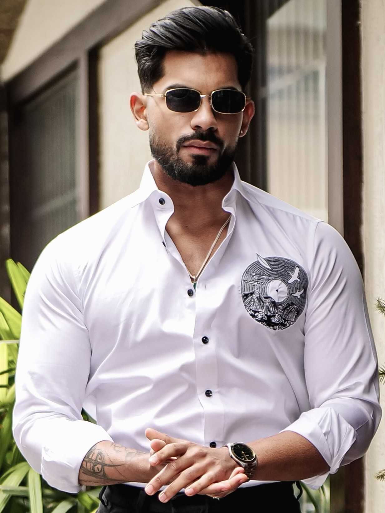 WHITE CLUB WEAR EMBROIDERY SATIN COTTON SHIRT - Image 9