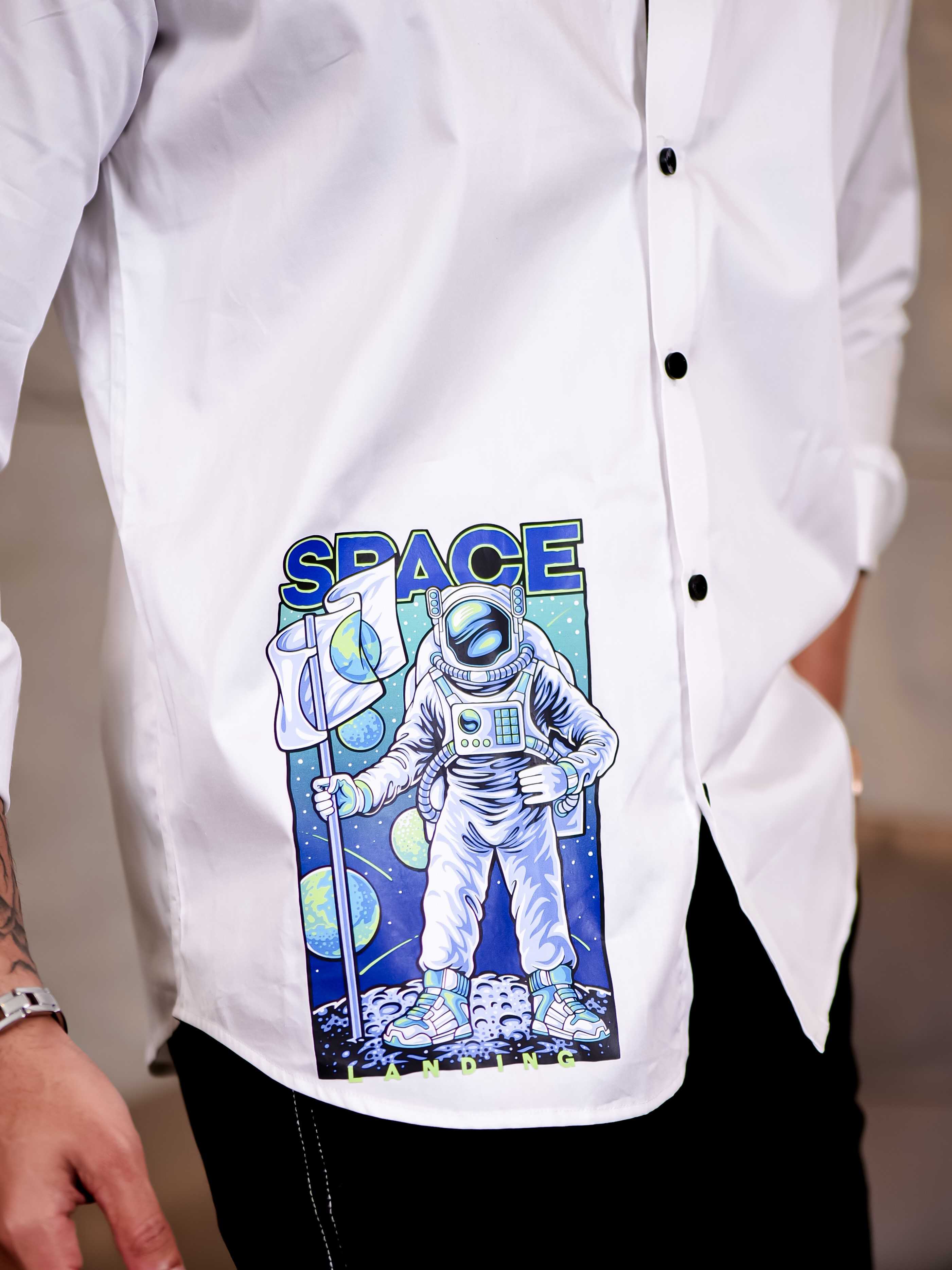 White Club Wear Landing on Space Printed Satin Cotton Shirt - Image 2