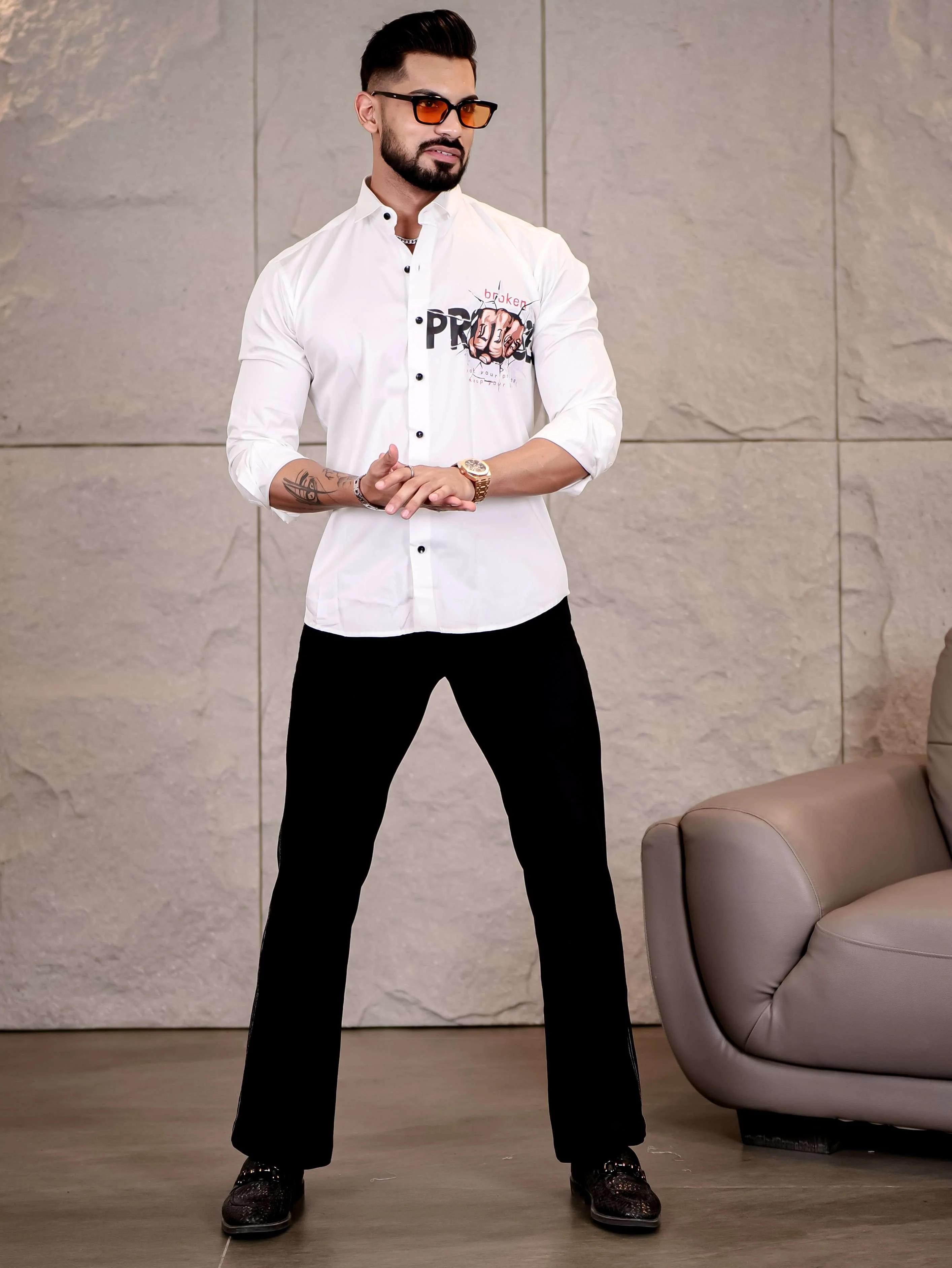 White Club Wear Lie Broken Printed Satin Cotton Shirt - Image 3