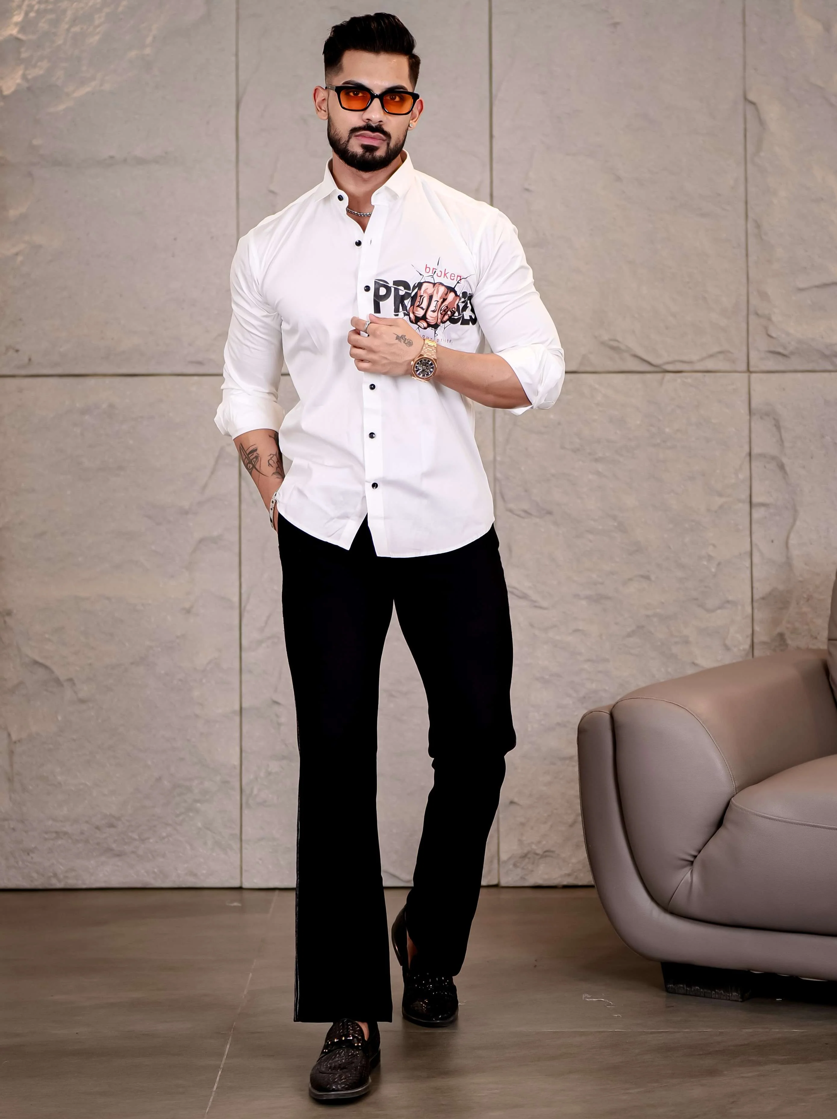 White Club Wear Lie Broken Printed Satin Cotton Shirt - Image 6