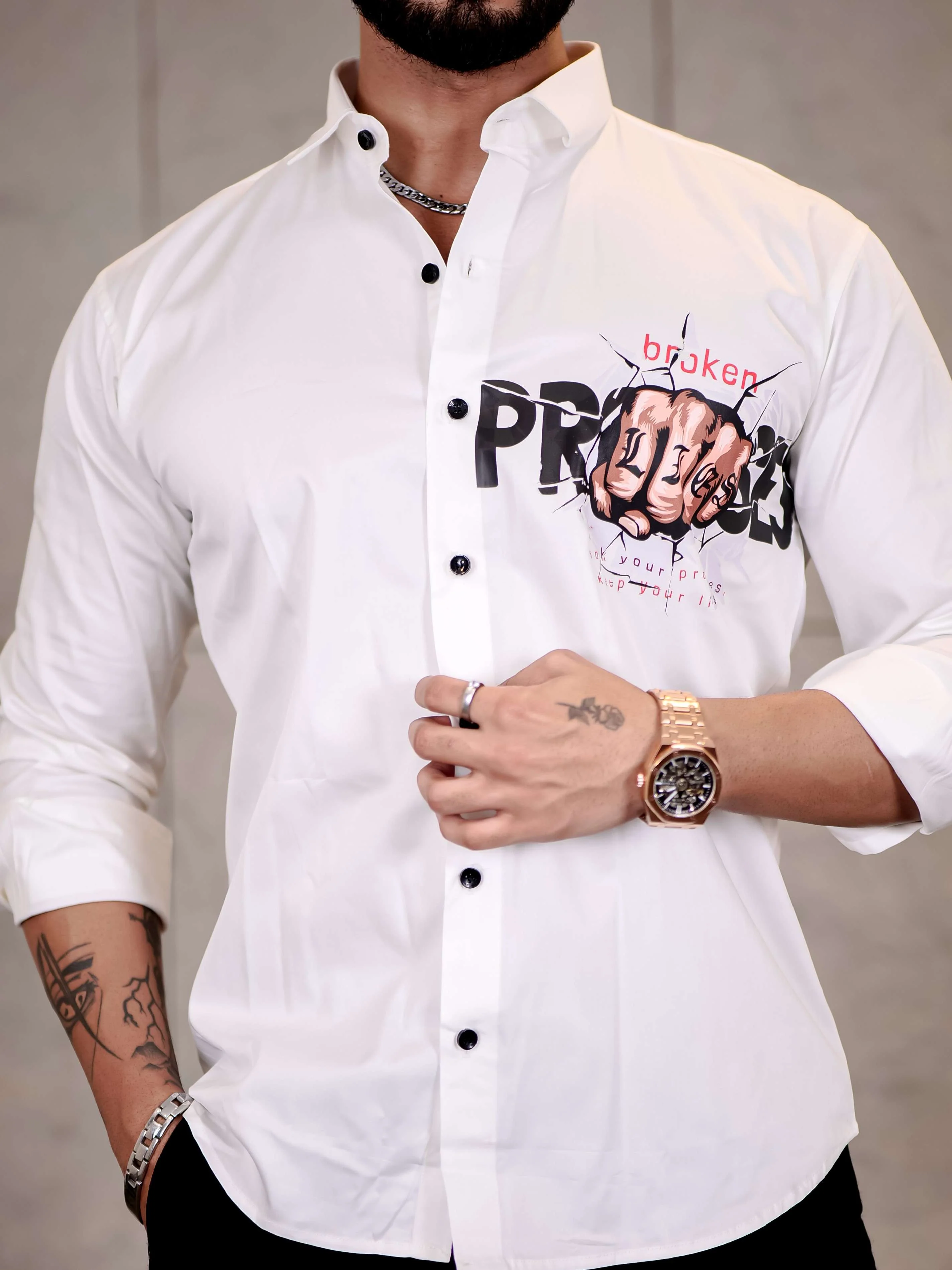 White Club Wear Lie Broken Printed Satin Cotton Shirt - Image 7