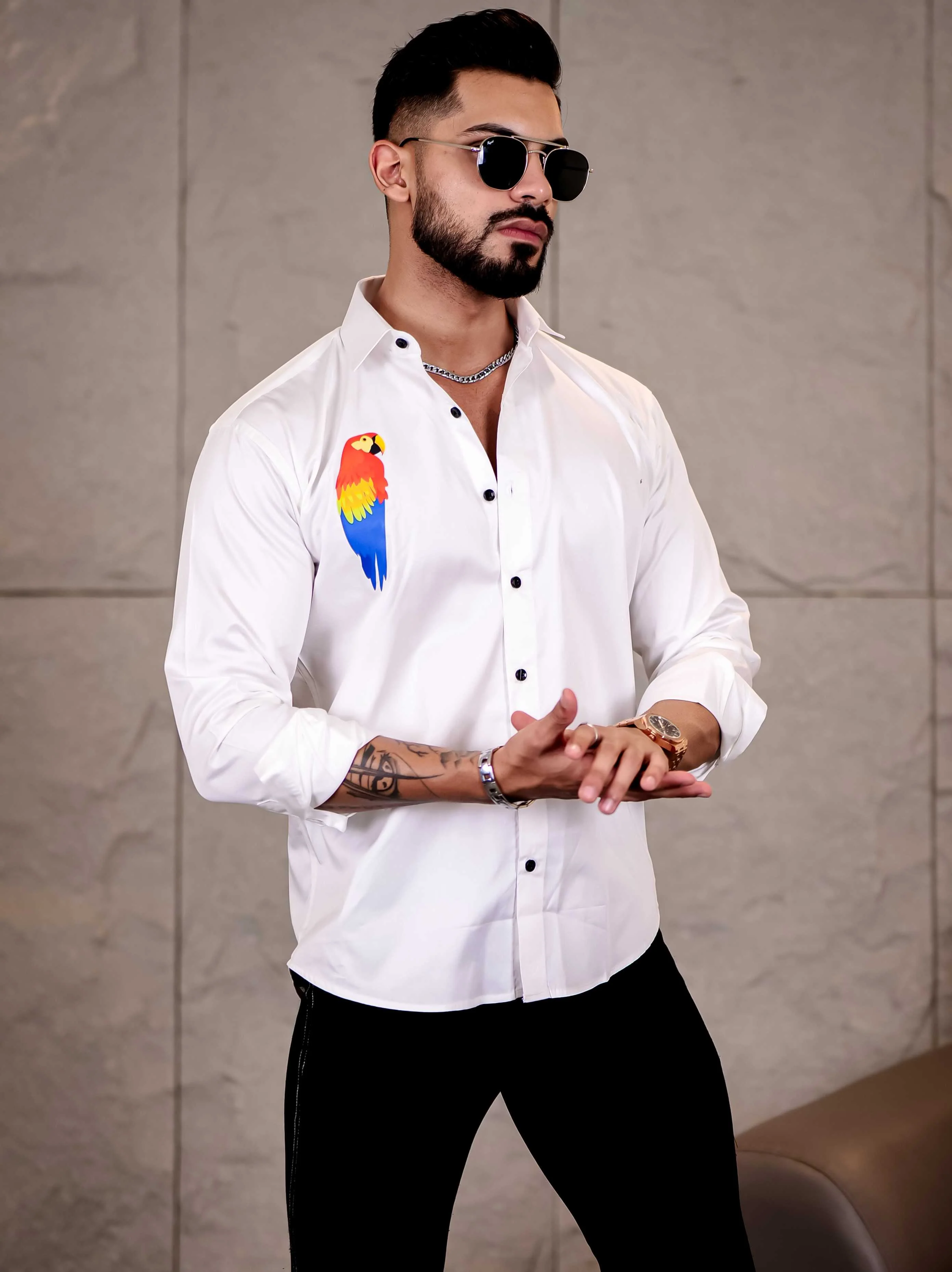 White Club Wear Macaw Perrot Printed Satin Cotton Shirt