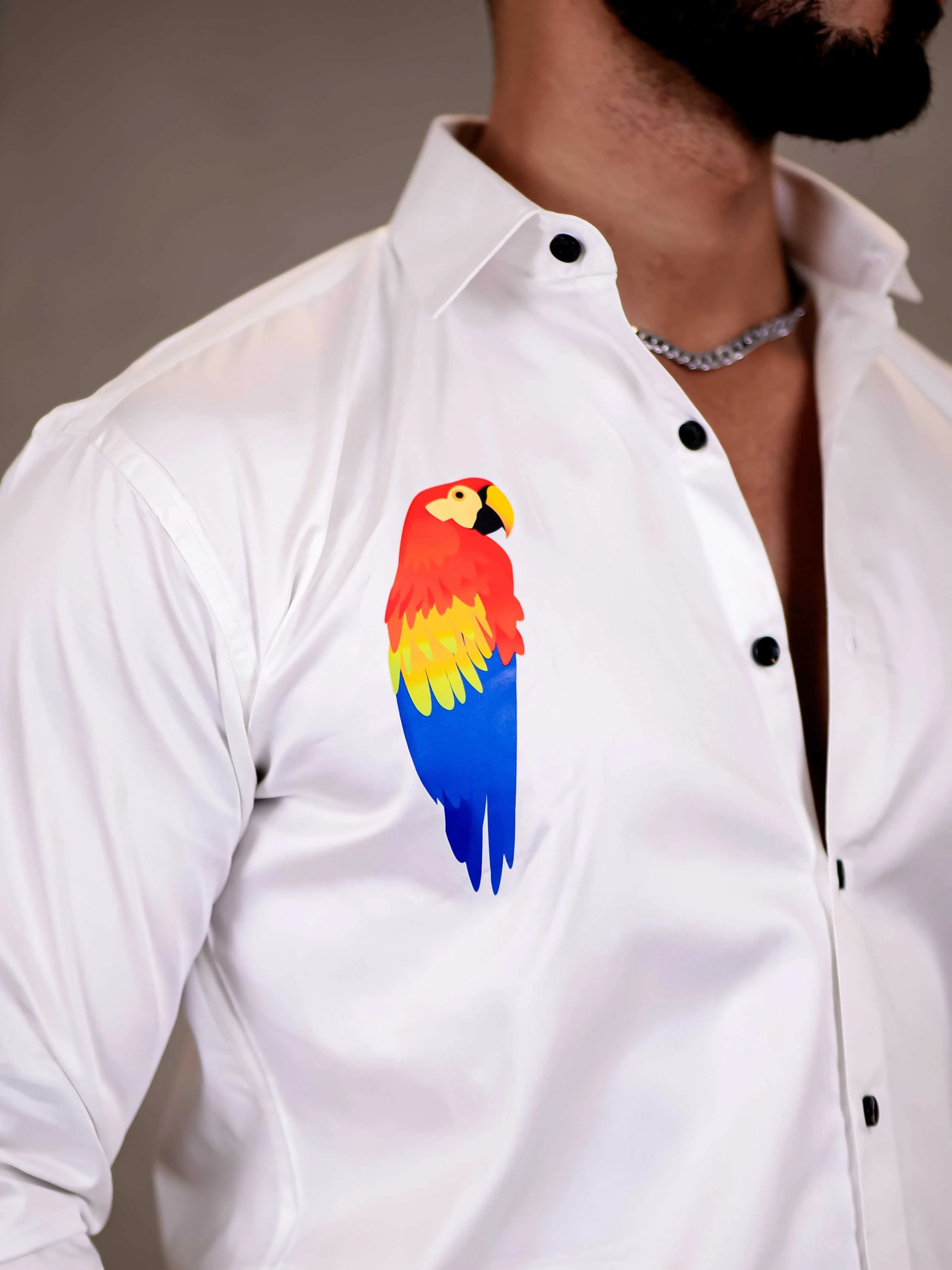 White Club Wear Macaw Perrot Printed Satin Cotton Shirt - Image 2