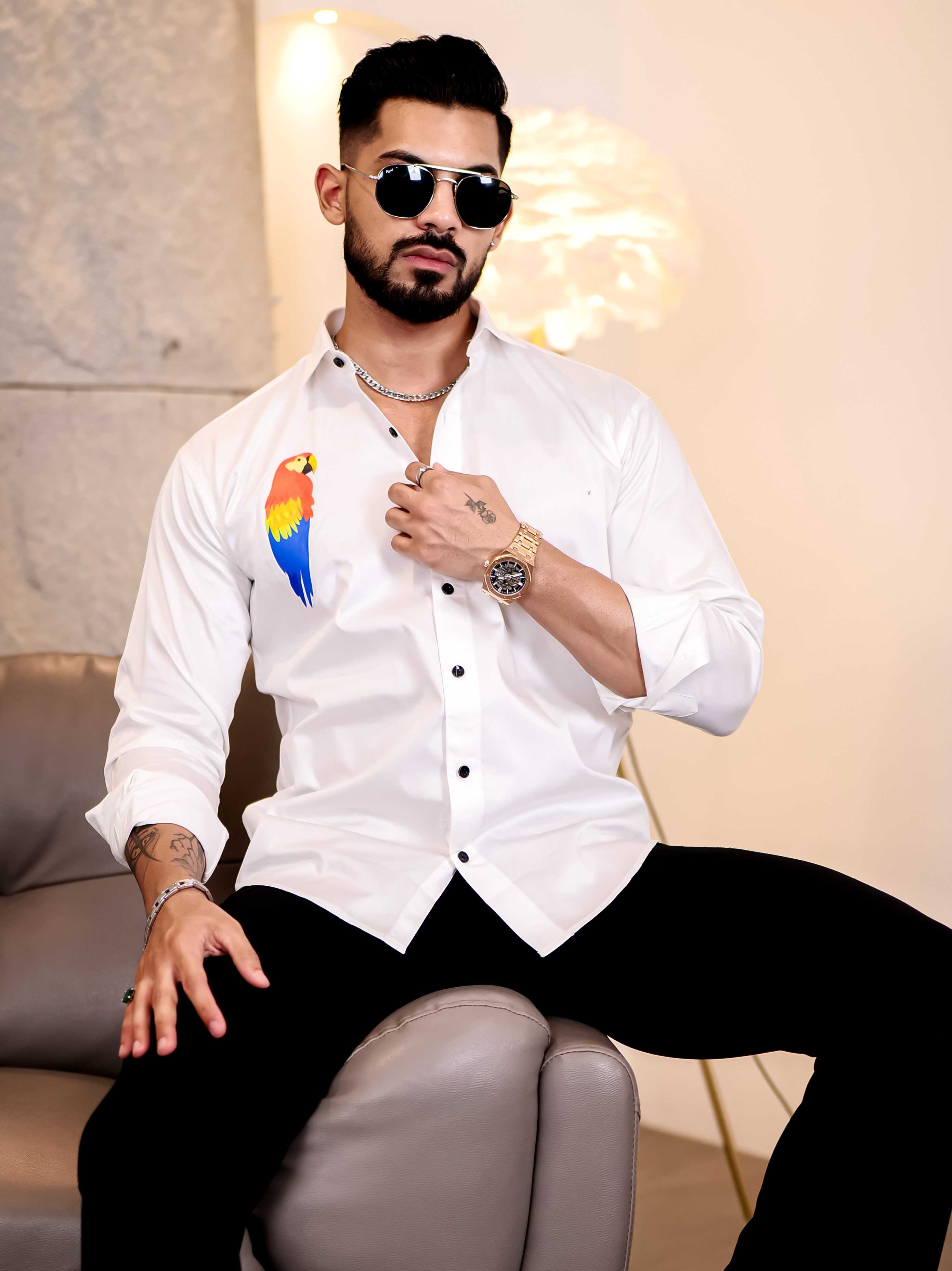 White Club Wear Macaw Perrot Printed Satin Cotton Shirt - Image 3