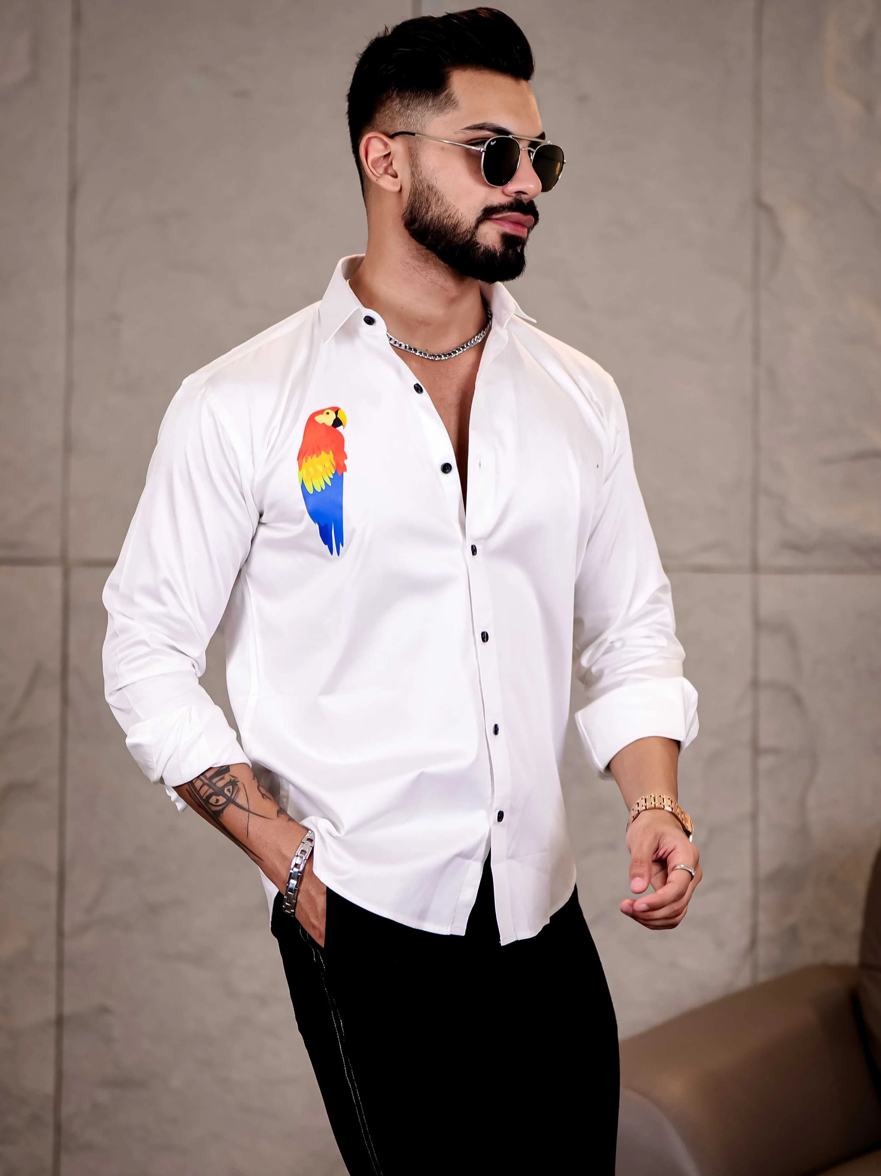 White Club Wear Macaw Perrot Printed Satin Cotton Shirt - Image 4