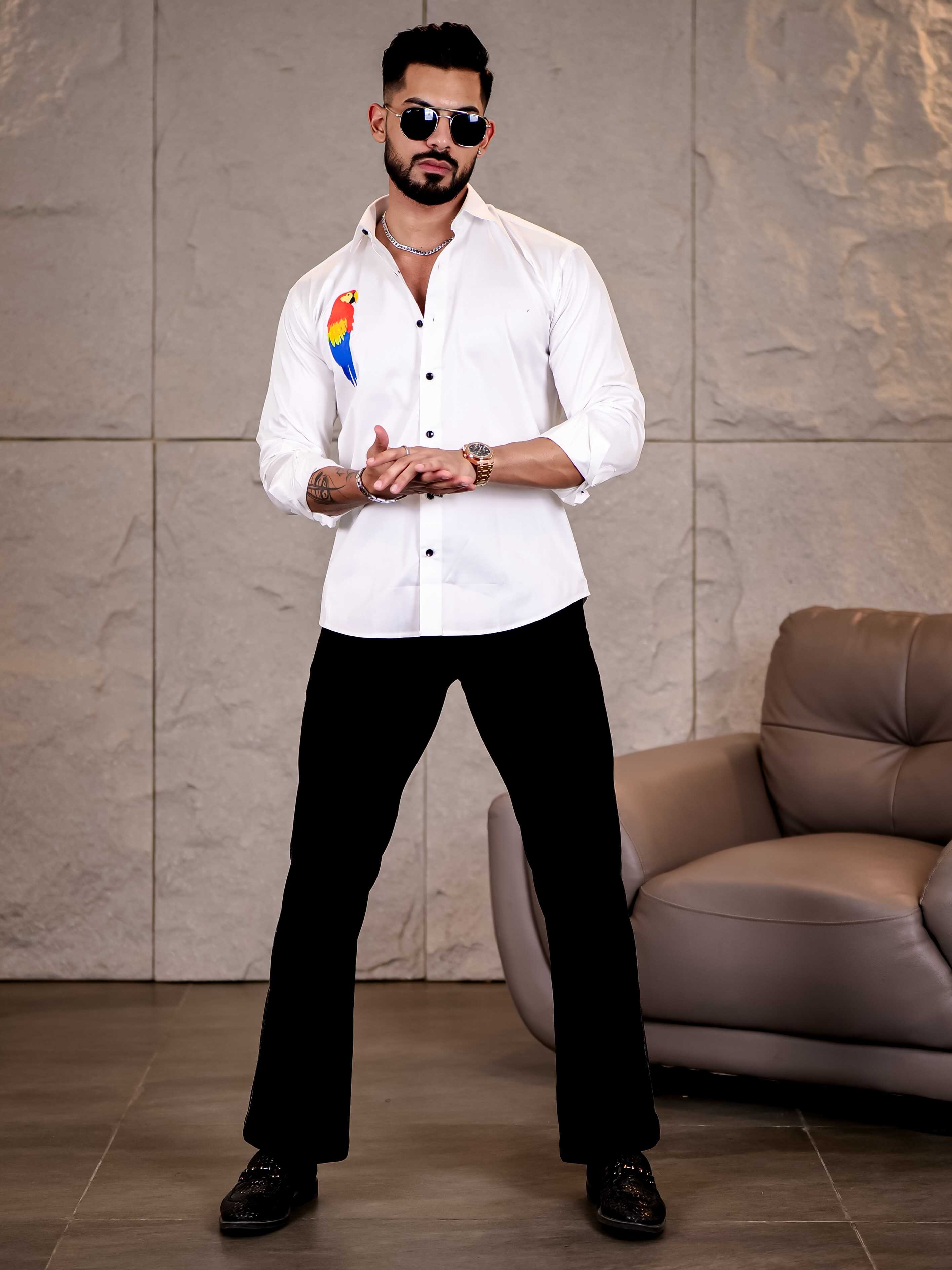 White Club Wear Macaw Perrot Printed Satin Cotton Shirt - Image 5