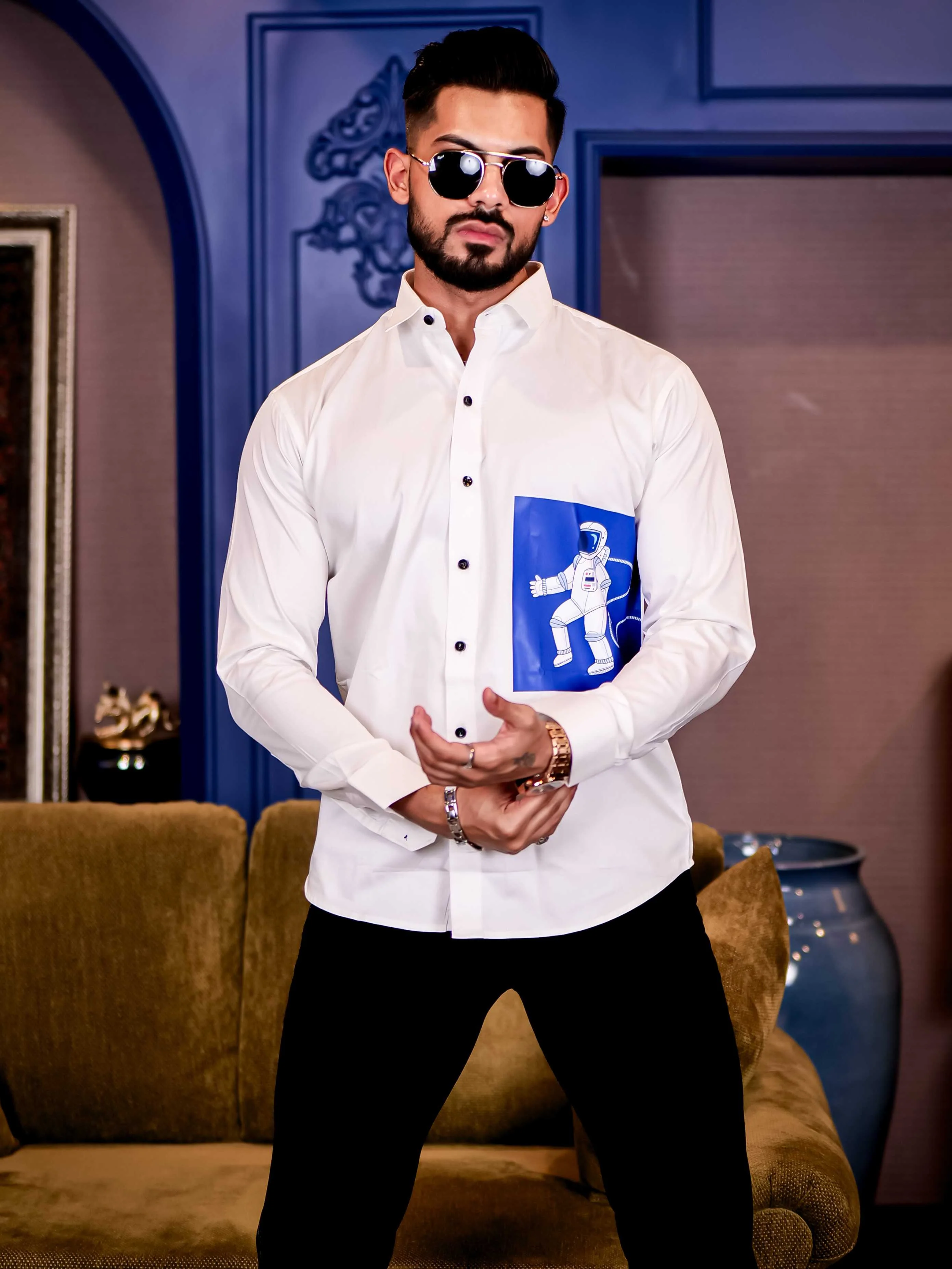 White Club Wear Milky Space Printed Satin Cotton Shirt - Image 3