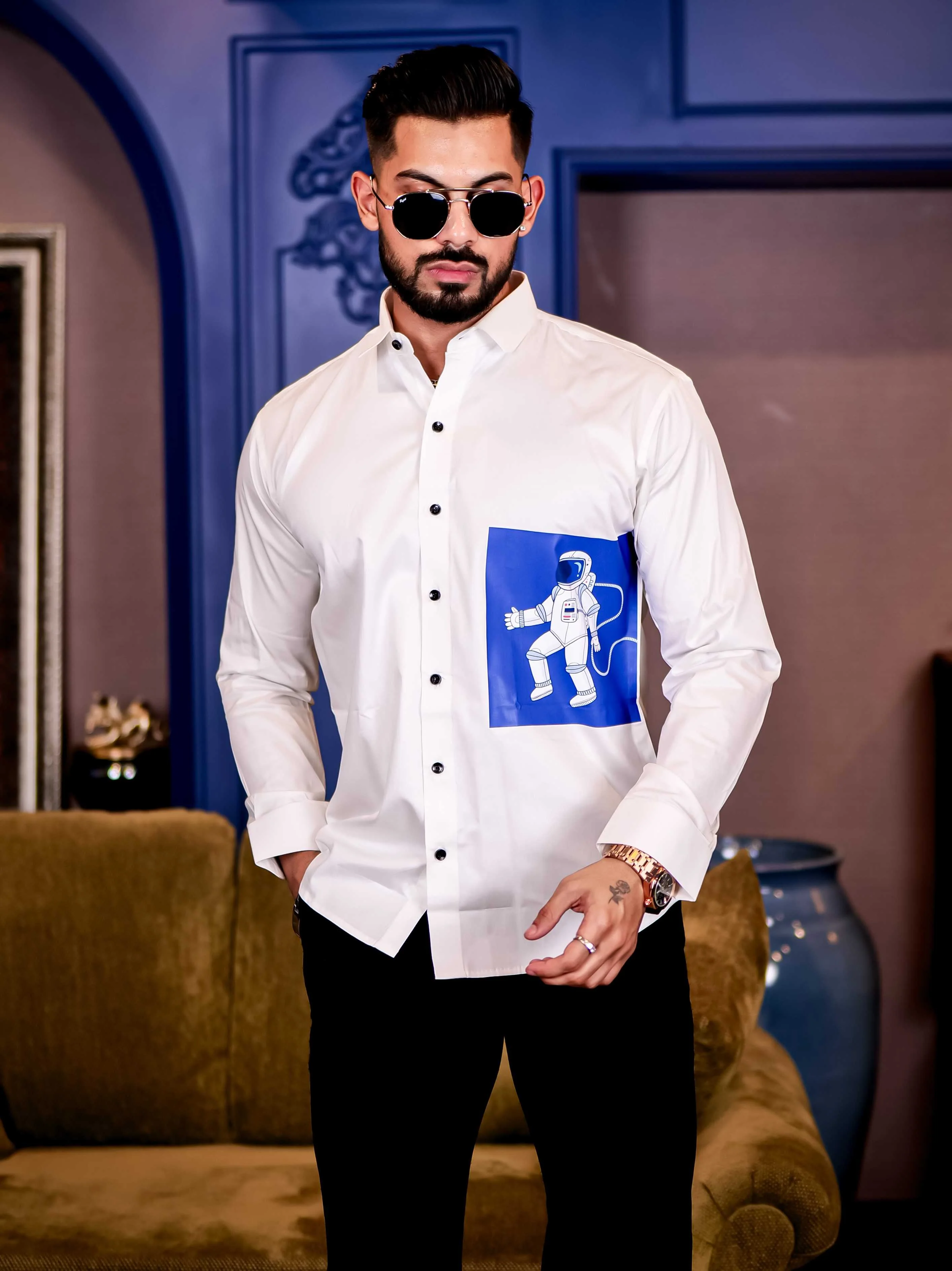 White Club Wear Milky Space Printed Satin Cotton Shirt - Image 4