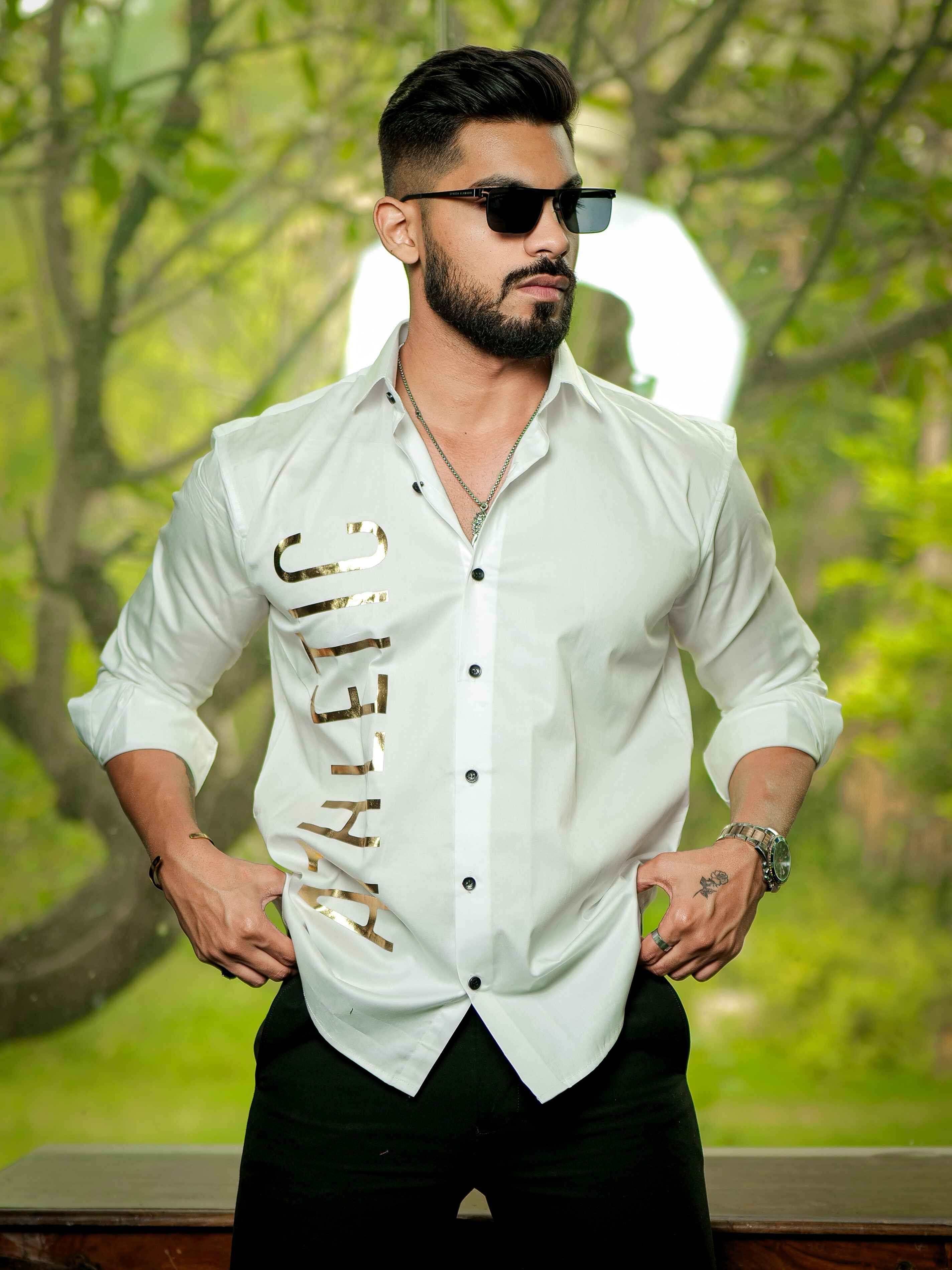 White Club Wear Printed Satin Cotton Shirt - Image 4