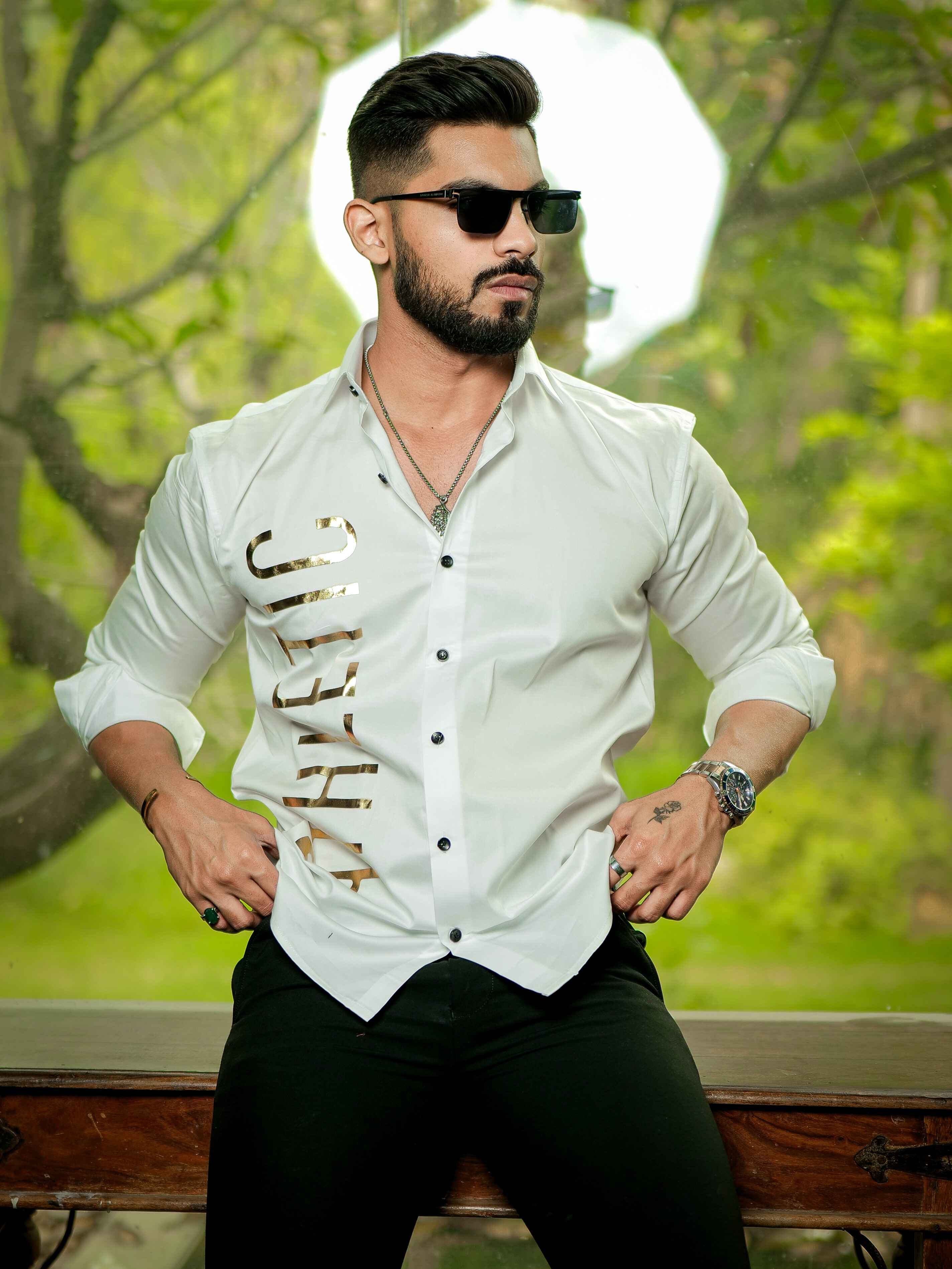 White Club Wear Printed Satin Cotton Shirt - Image 7