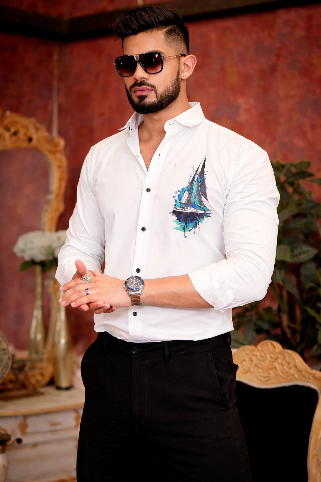 White Club Wear Printed Satin Cotton Shirt - Image 4