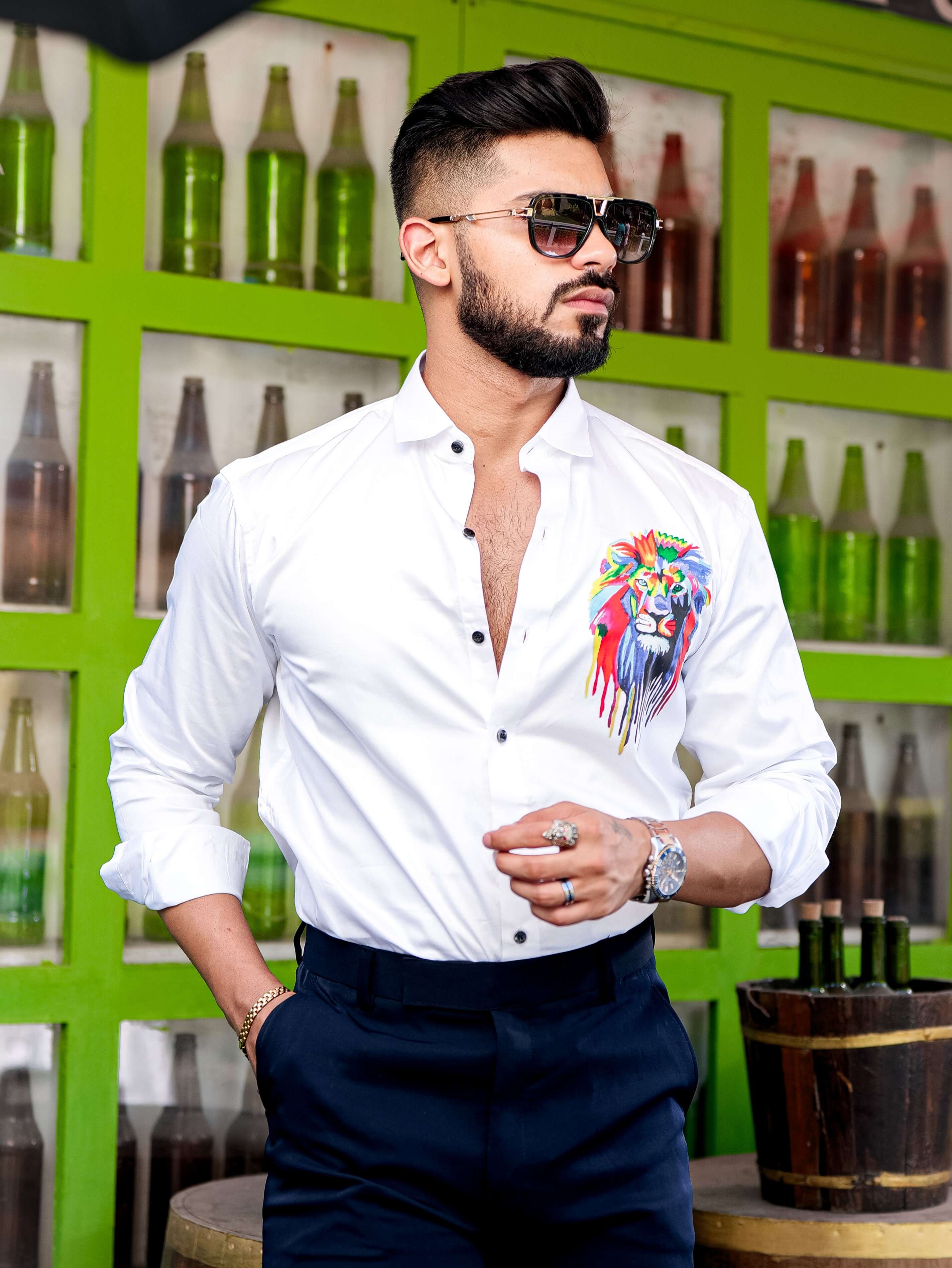 White Club Wear Printed Satin Cotton Shirt - Image 7