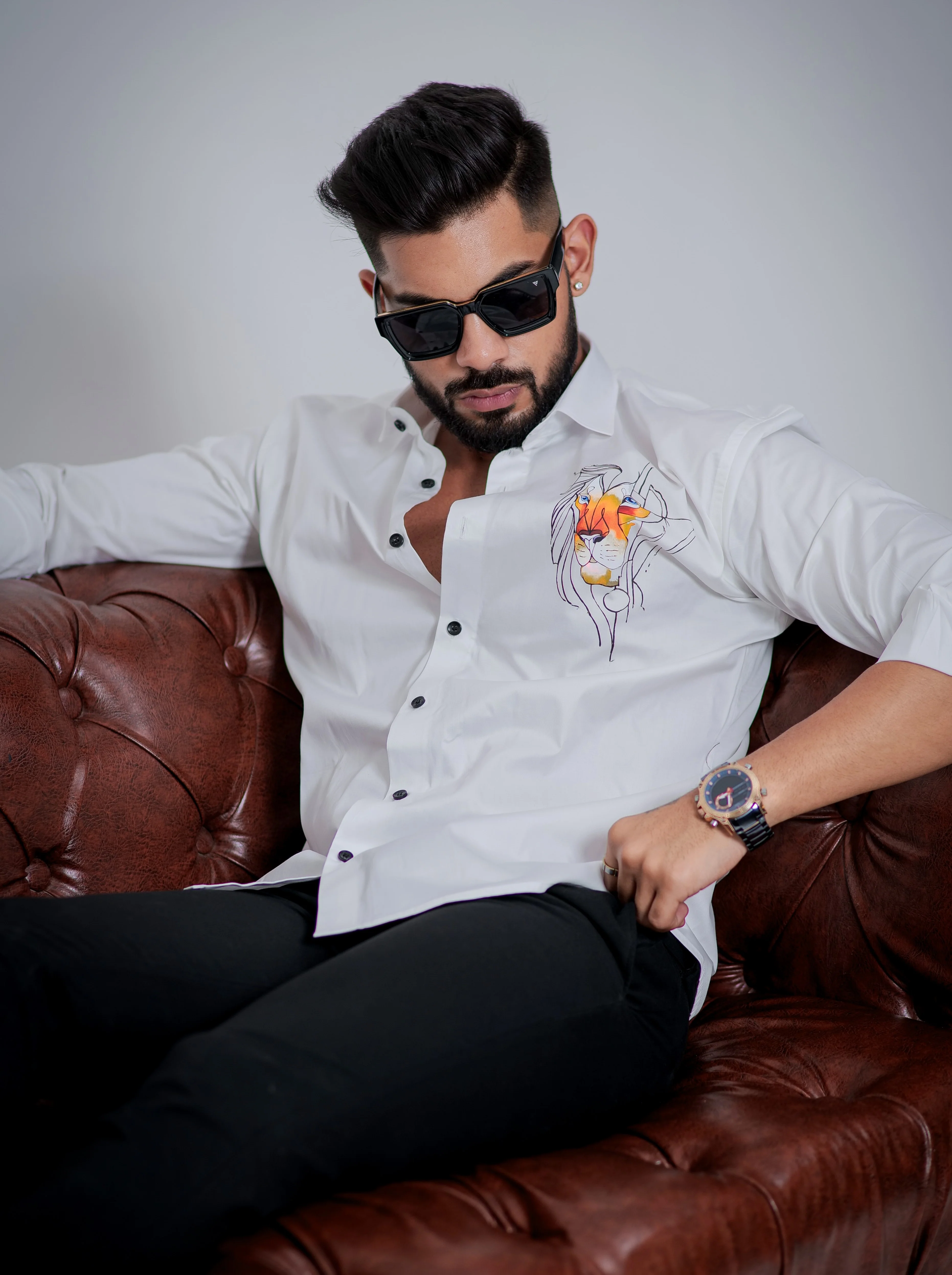 White Club Wear Printed Satin Cotton Shirt - Image 4