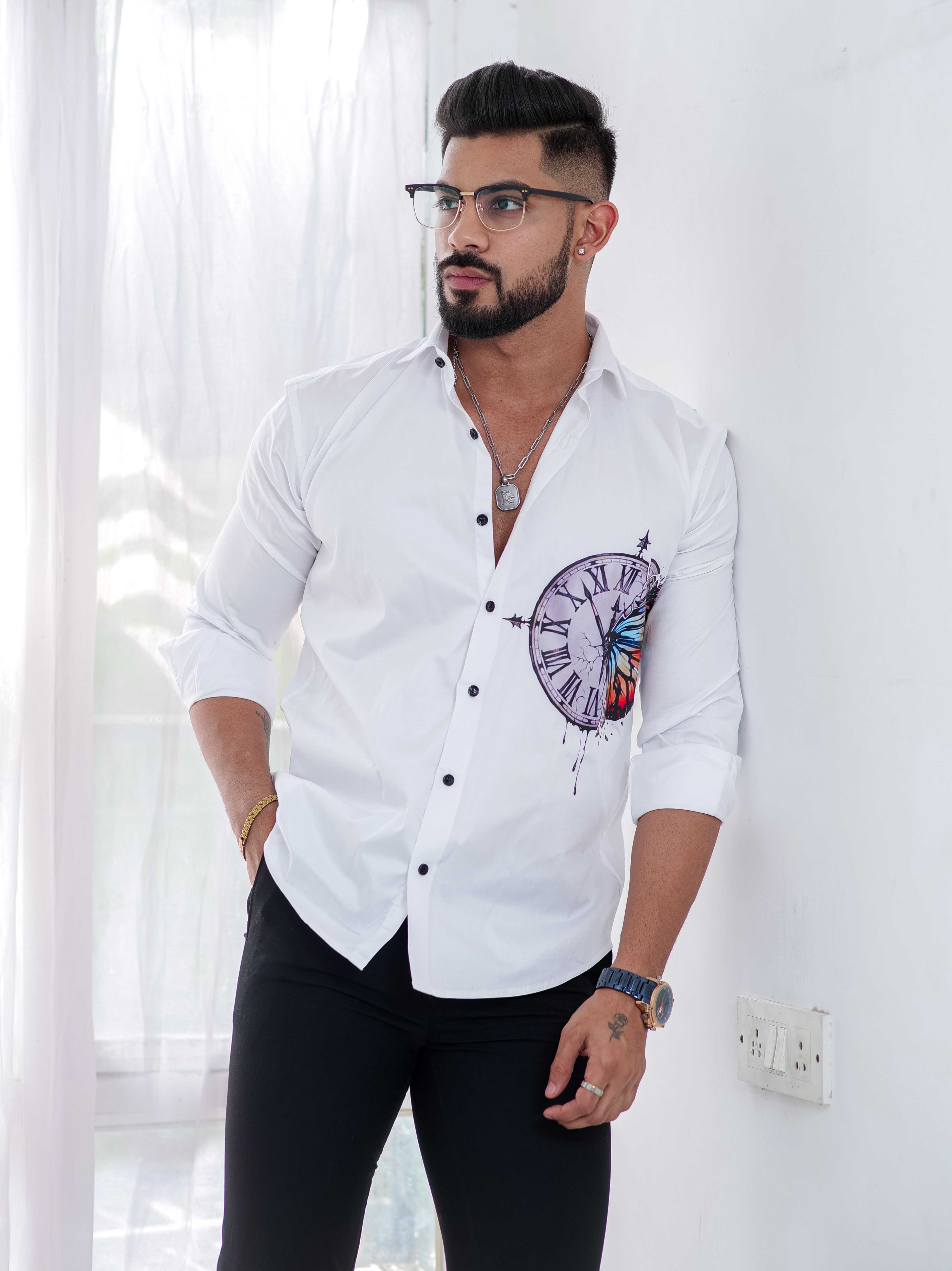 White Club Wear Printed Satin Cotton Shirt - Image 5