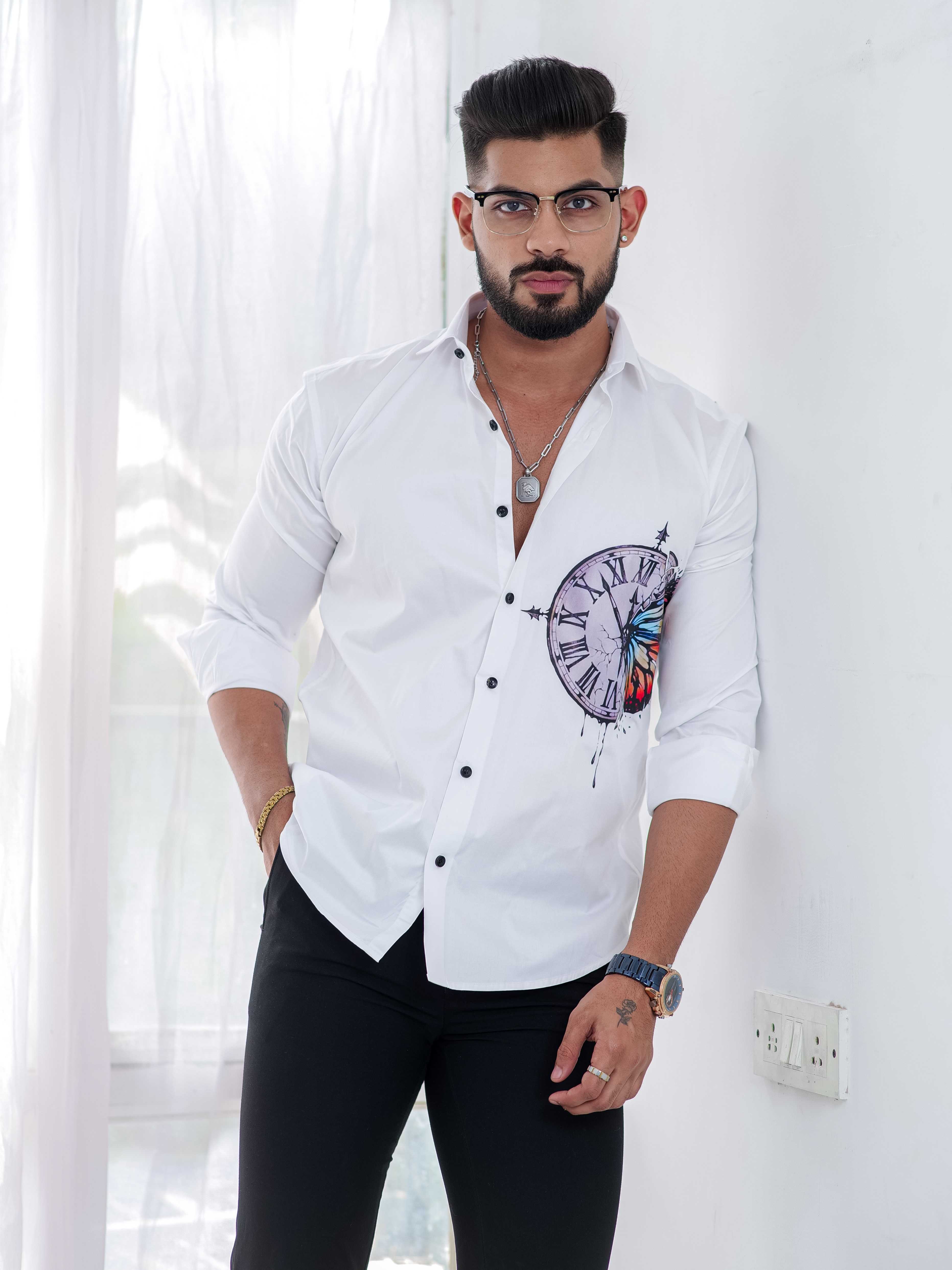 White Club Wear Printed Satin Cotton Shirt - Image 6