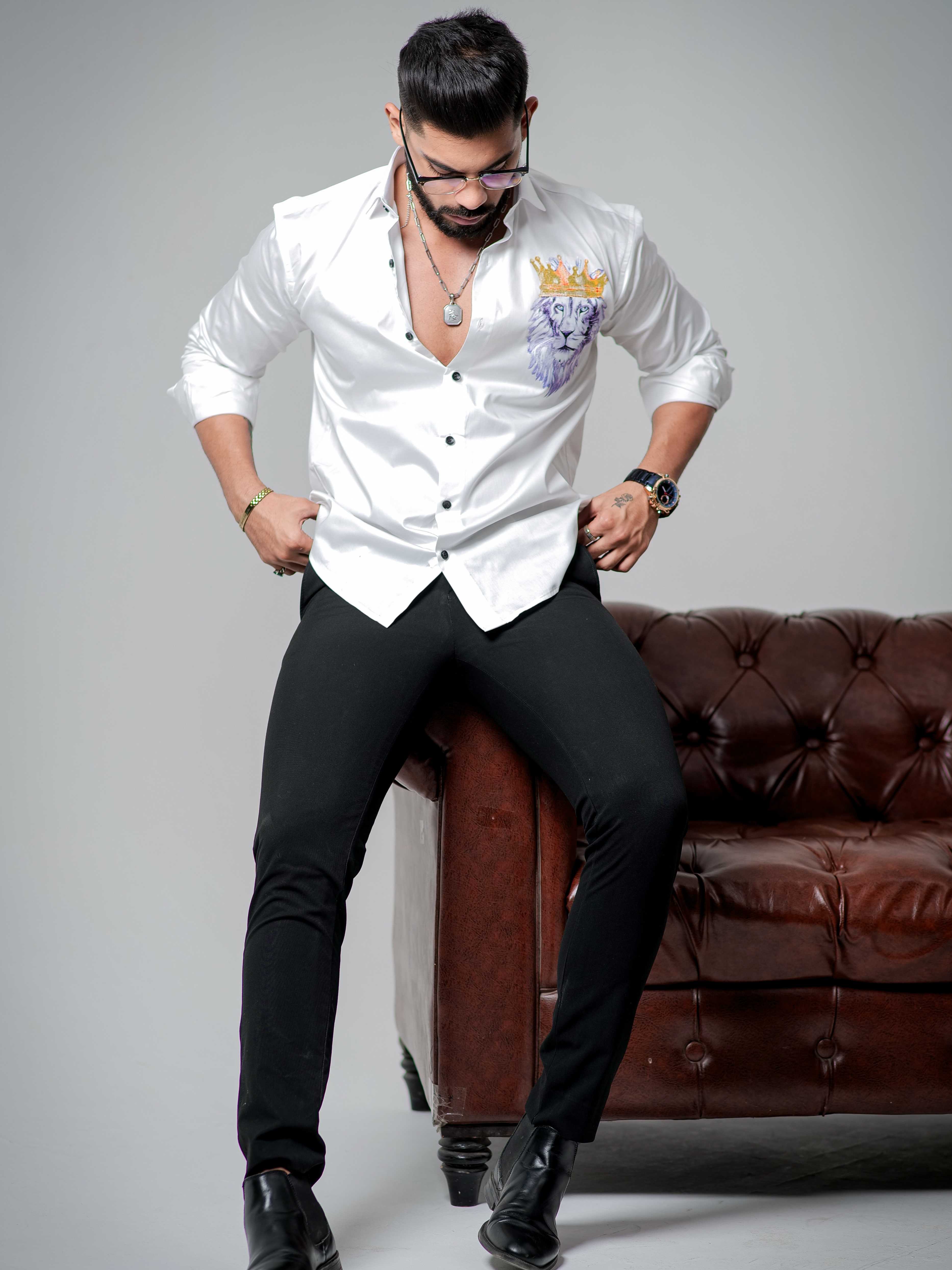 White Club Wear Printed Satin Cotton Shirt - Image 6