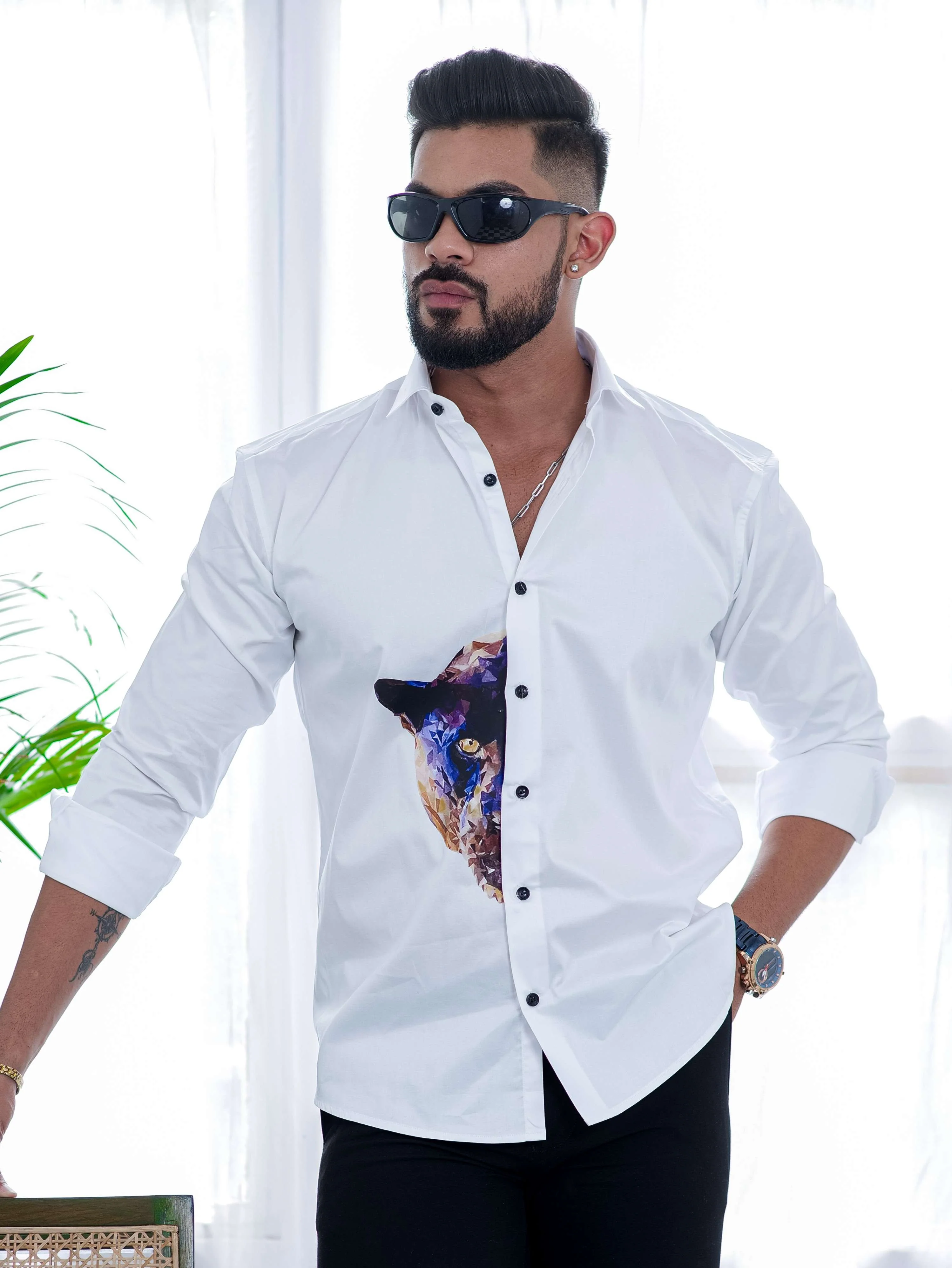 White Club Wear Printed Satin Cotton Shirt