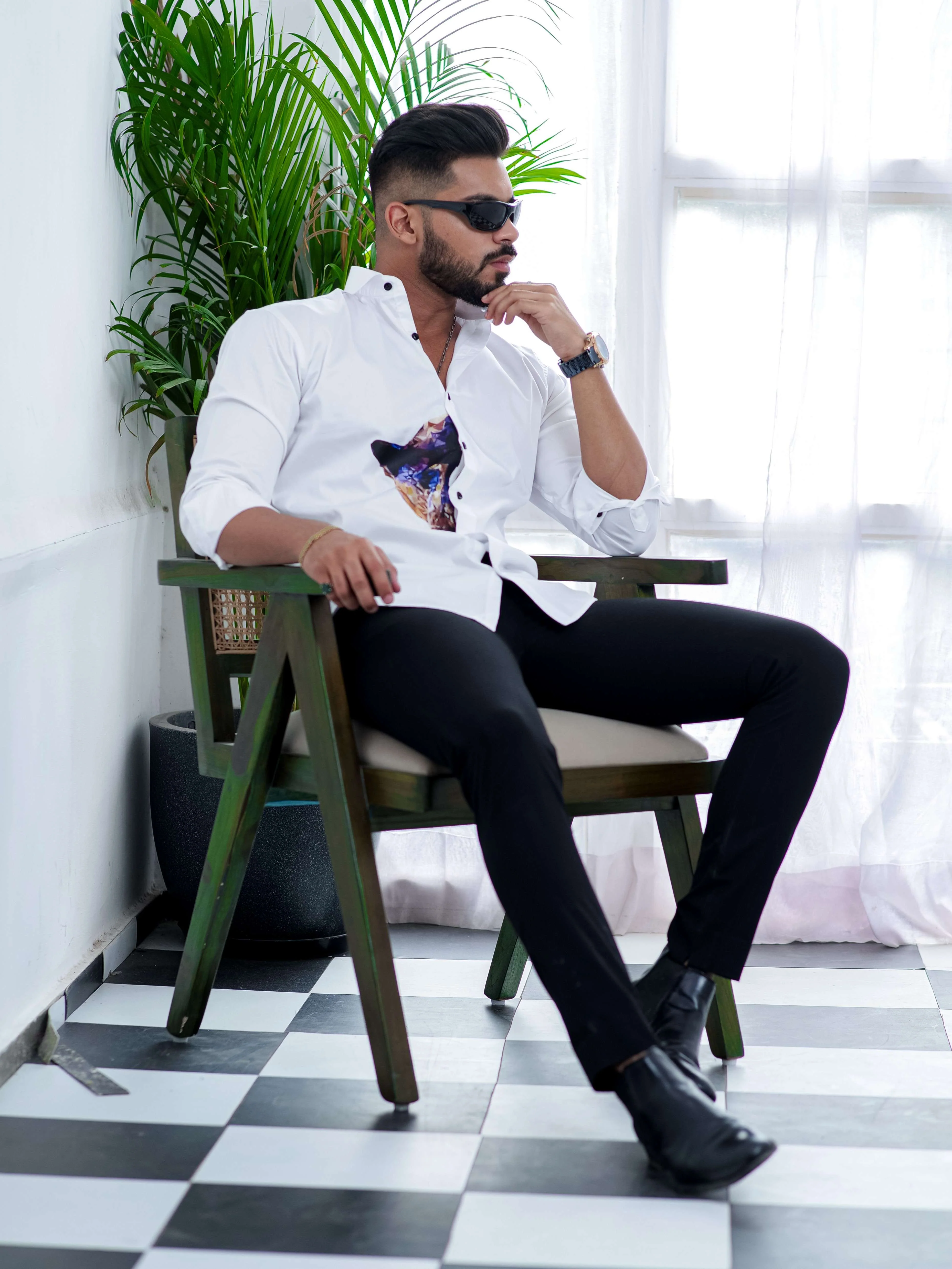White Club Wear Printed Satin Cotton Shirt - Image 6