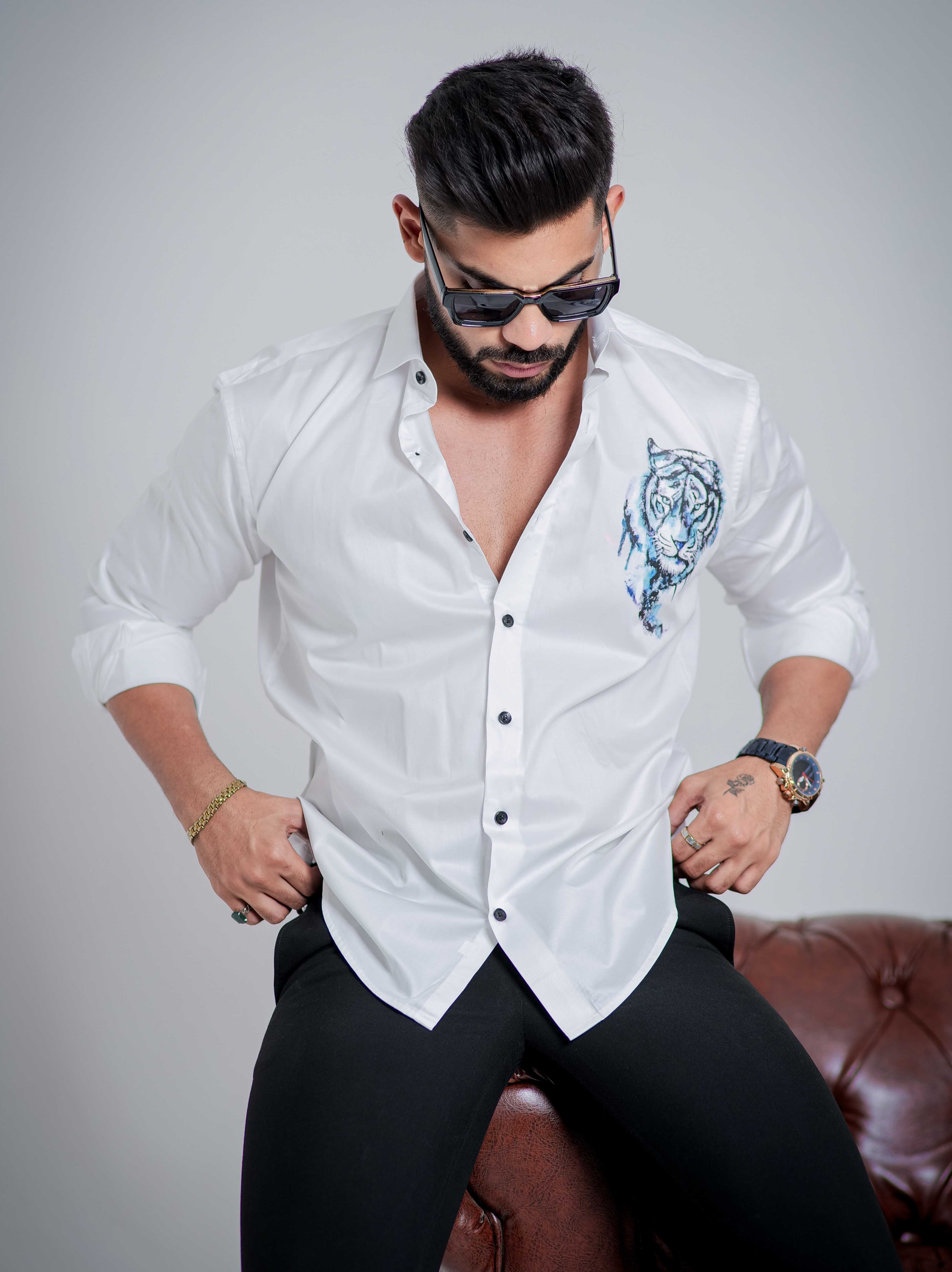White Club Wear Printed Satin Cotton Shirt - Image 3
