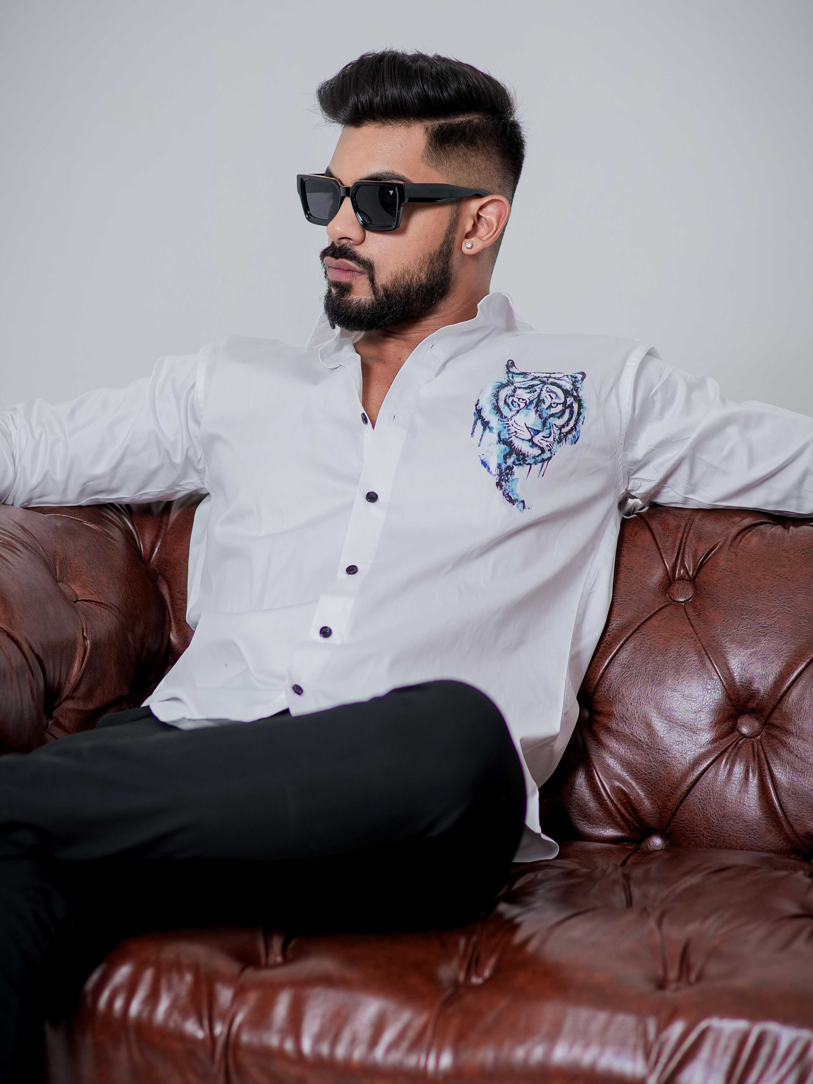 White Club Wear Printed Satin Cotton Shirt - Image 4