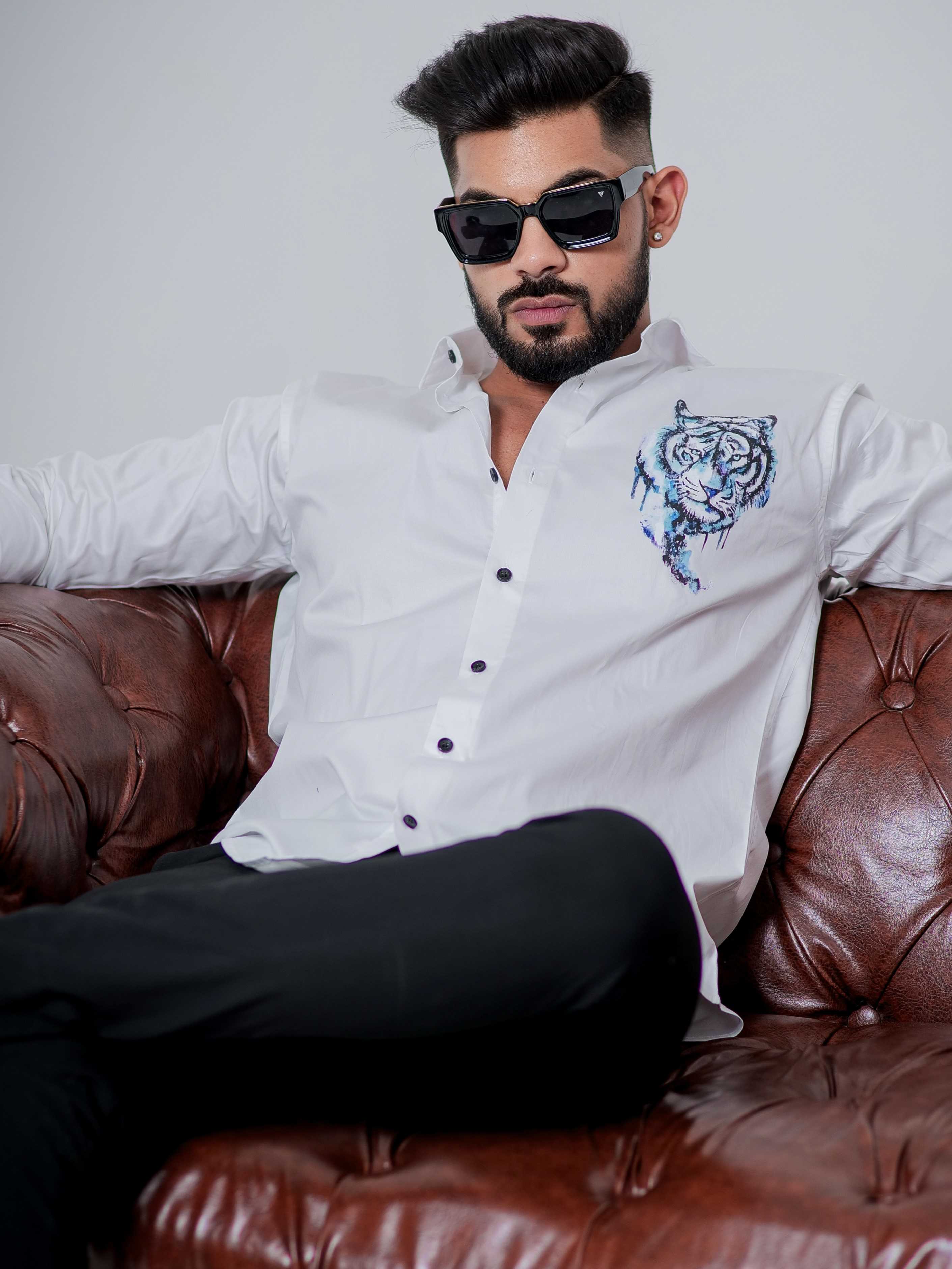 White Club Wear Printed Satin Cotton Shirt - Image 6