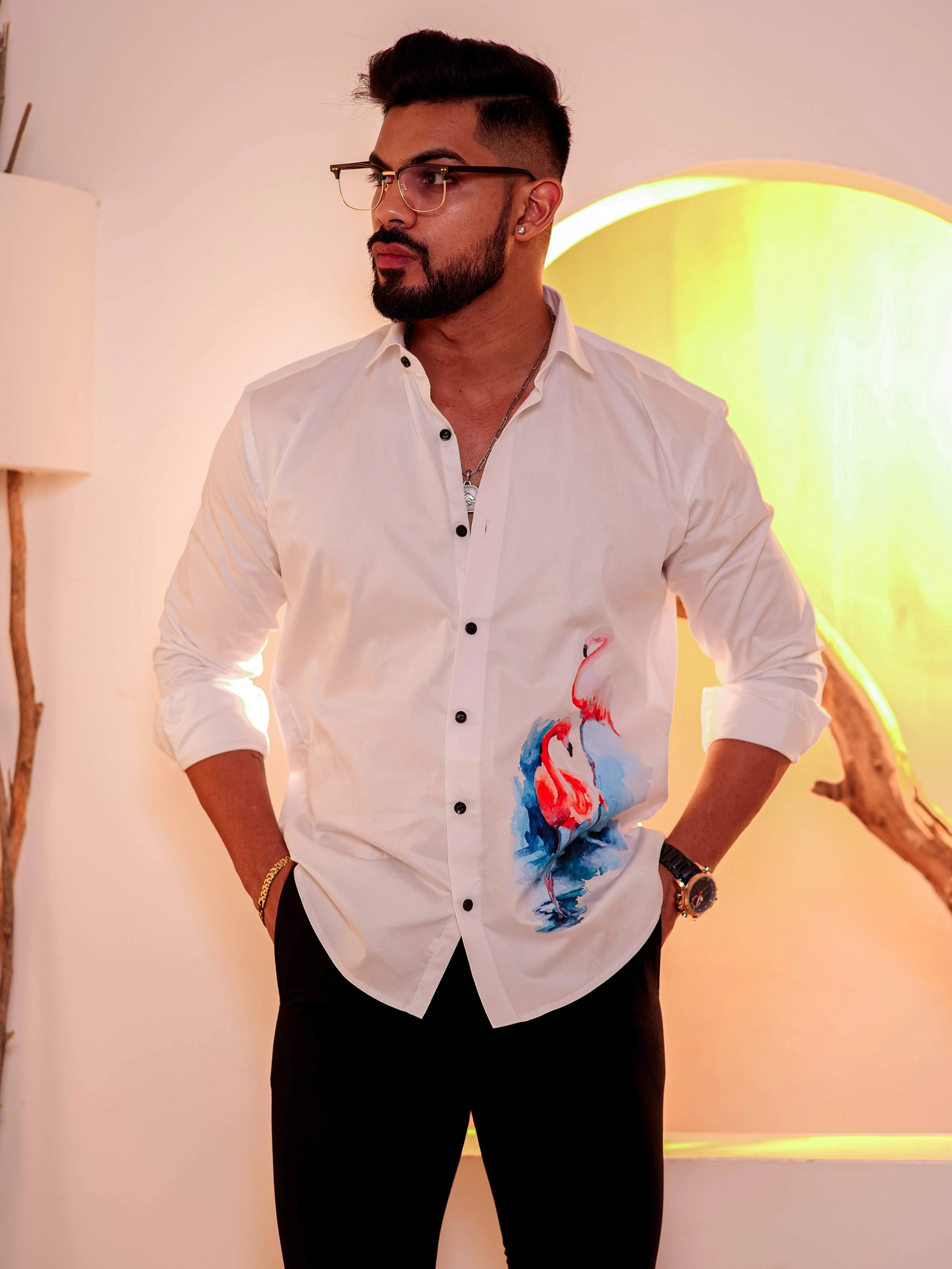 White Club Wear Printed Satin Cotton Shirt - Image 8