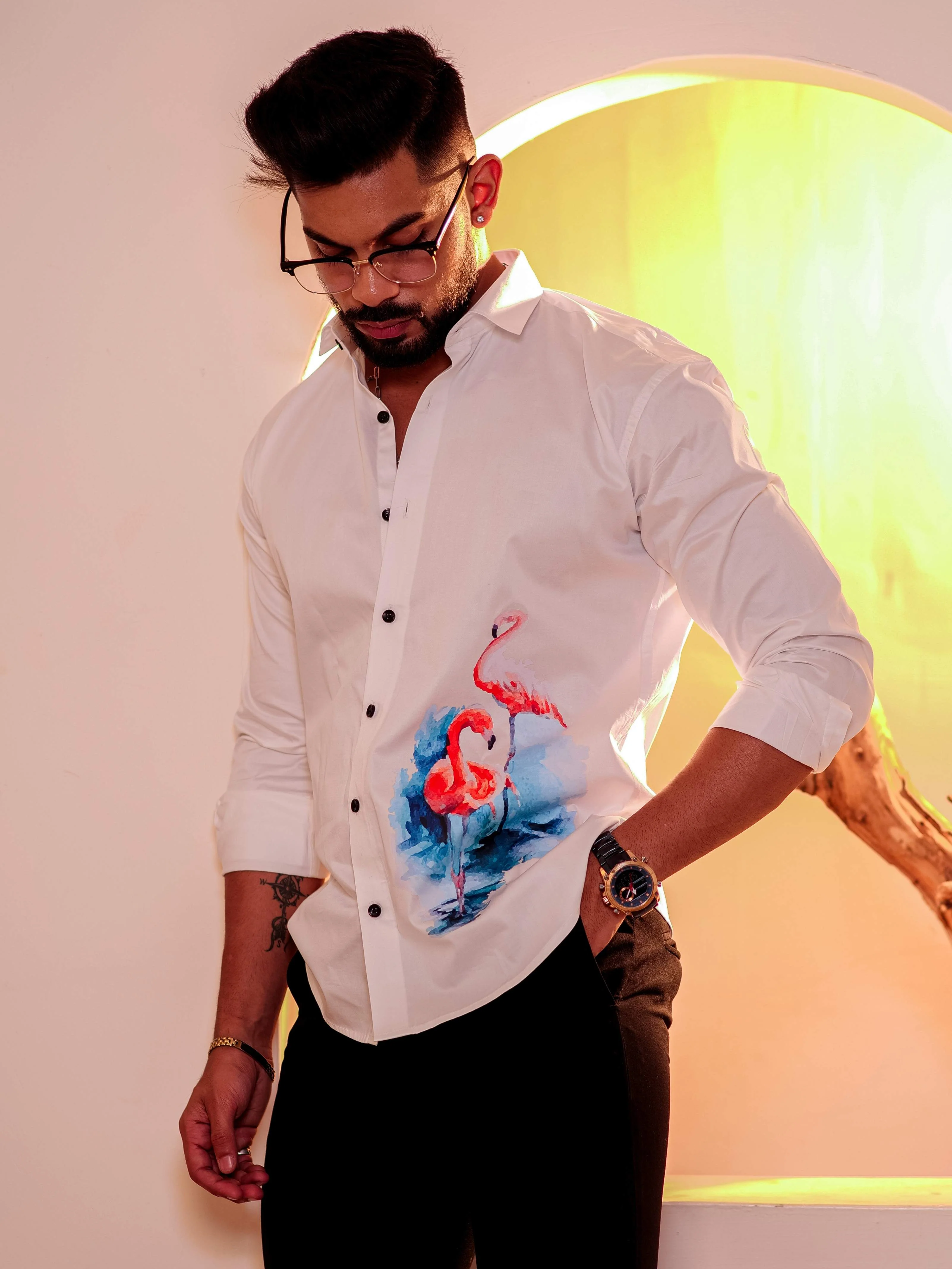 White Club Wear Printed Satin Cotton Shirt - Image 9