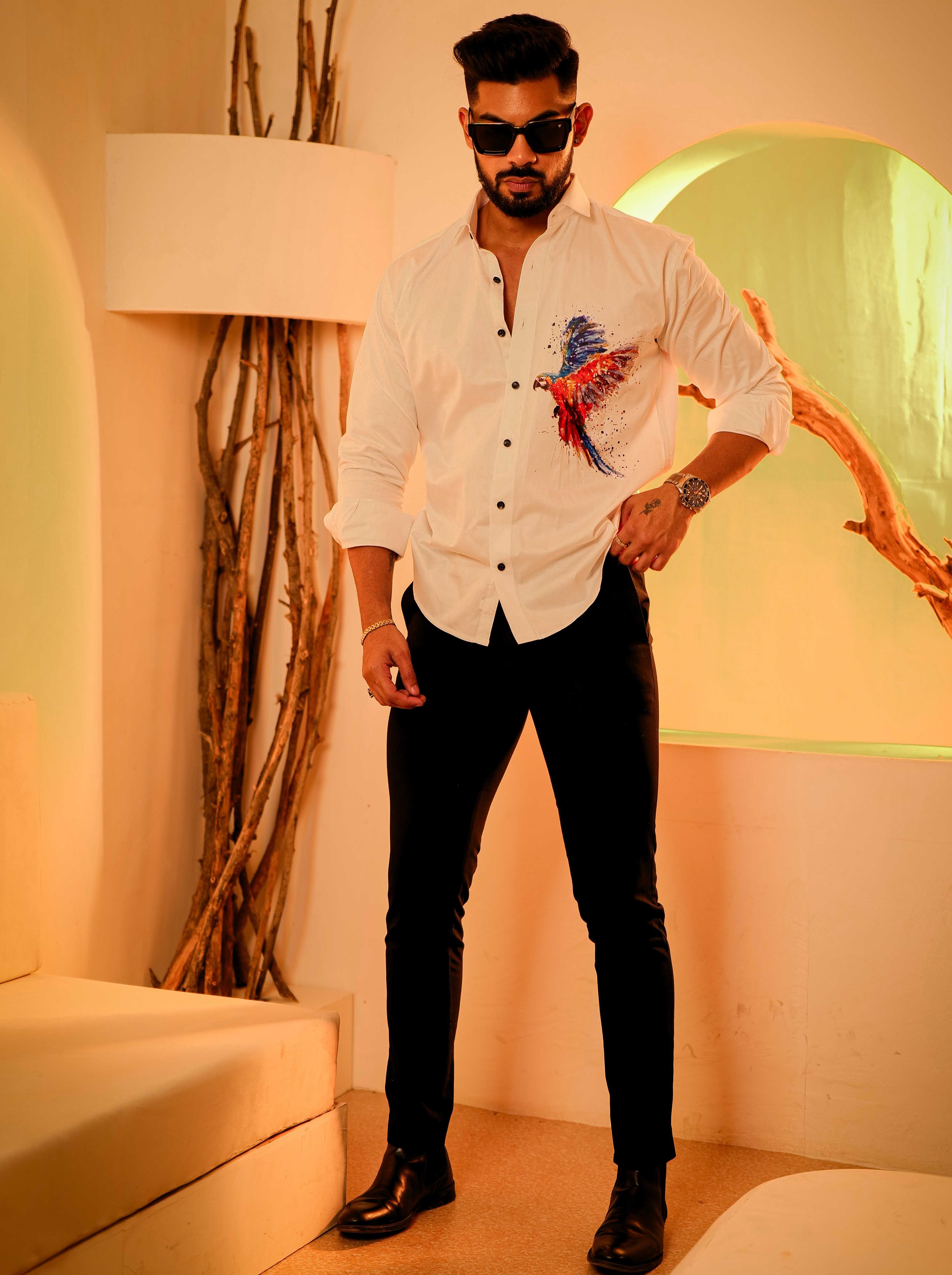 White Club Wear Printed Satin Cotton Shirt - Image 3