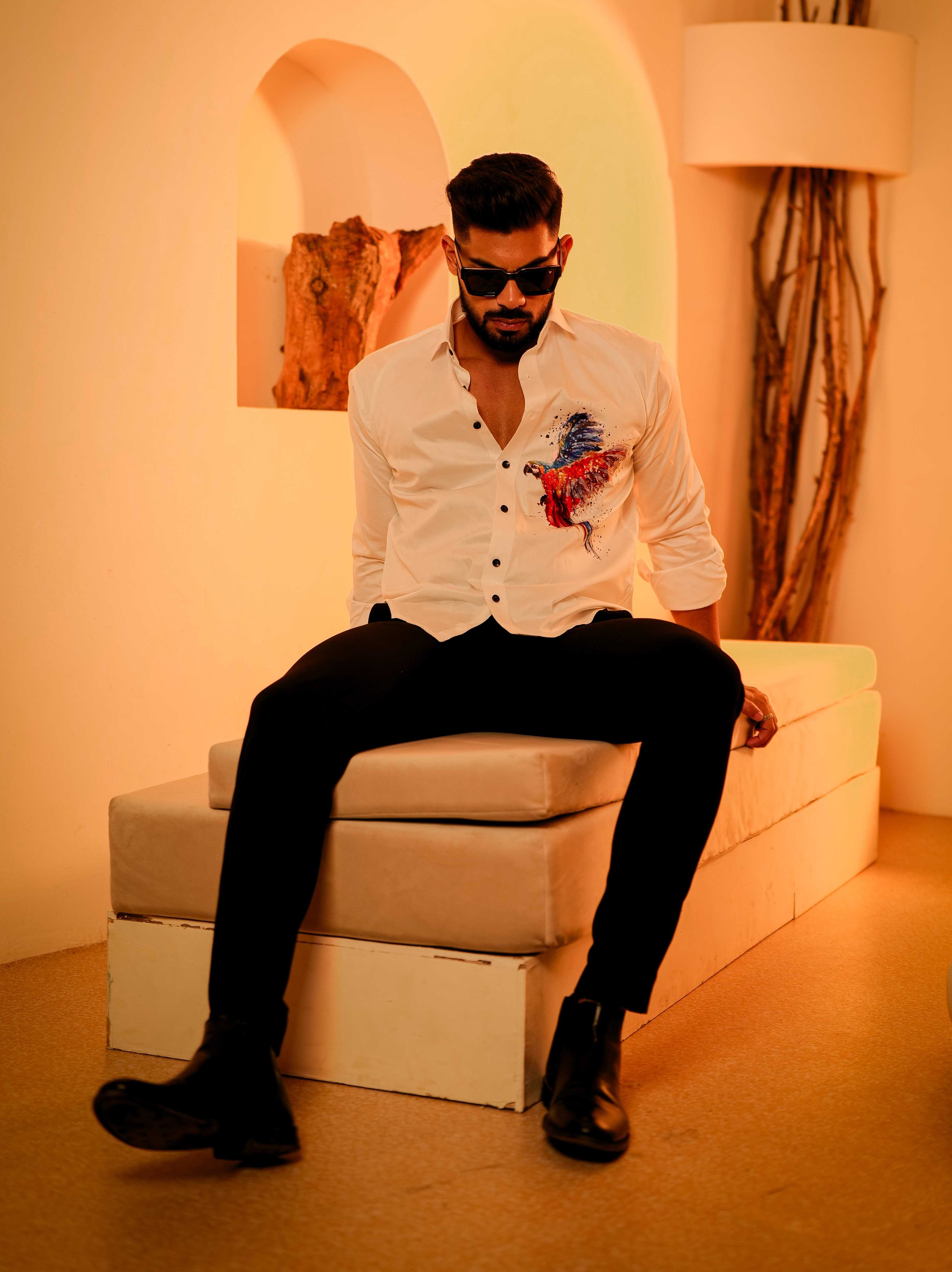 White Club Wear Printed Satin Cotton Shirt - Image 4