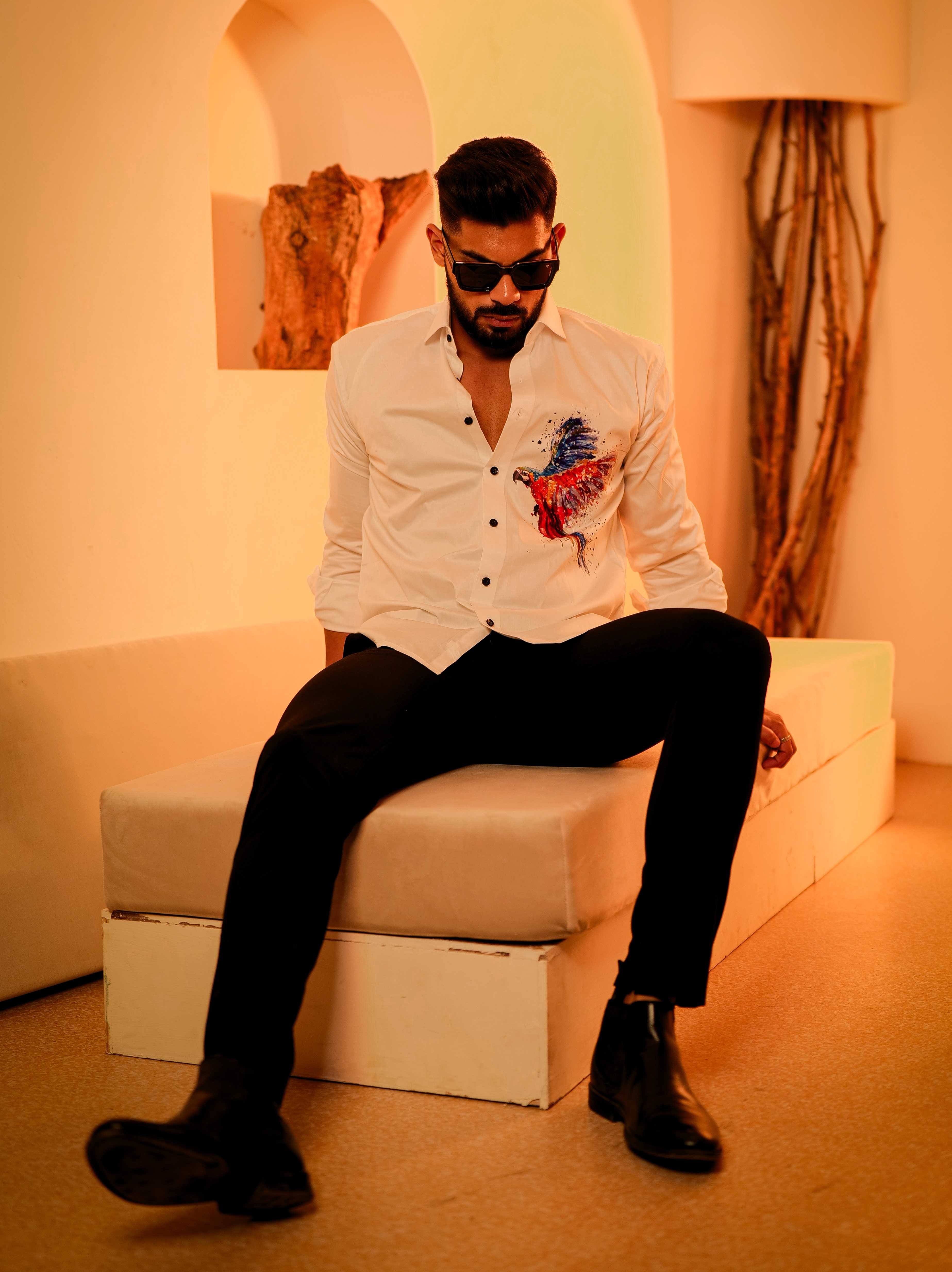 White Club Wear Printed Satin Cotton Shirt - Image 5