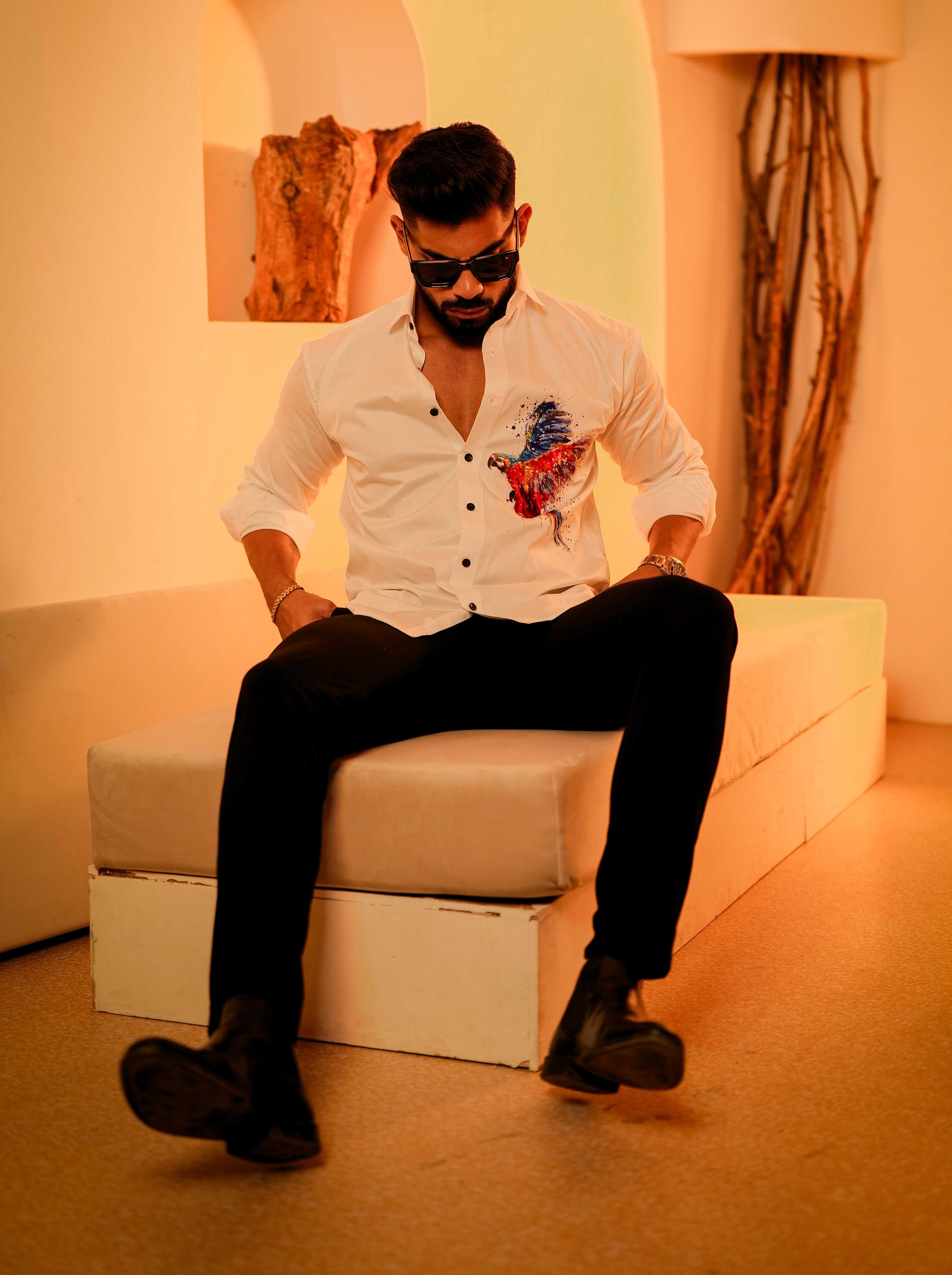 White Club Wear Printed Satin Cotton Shirt - Image 6