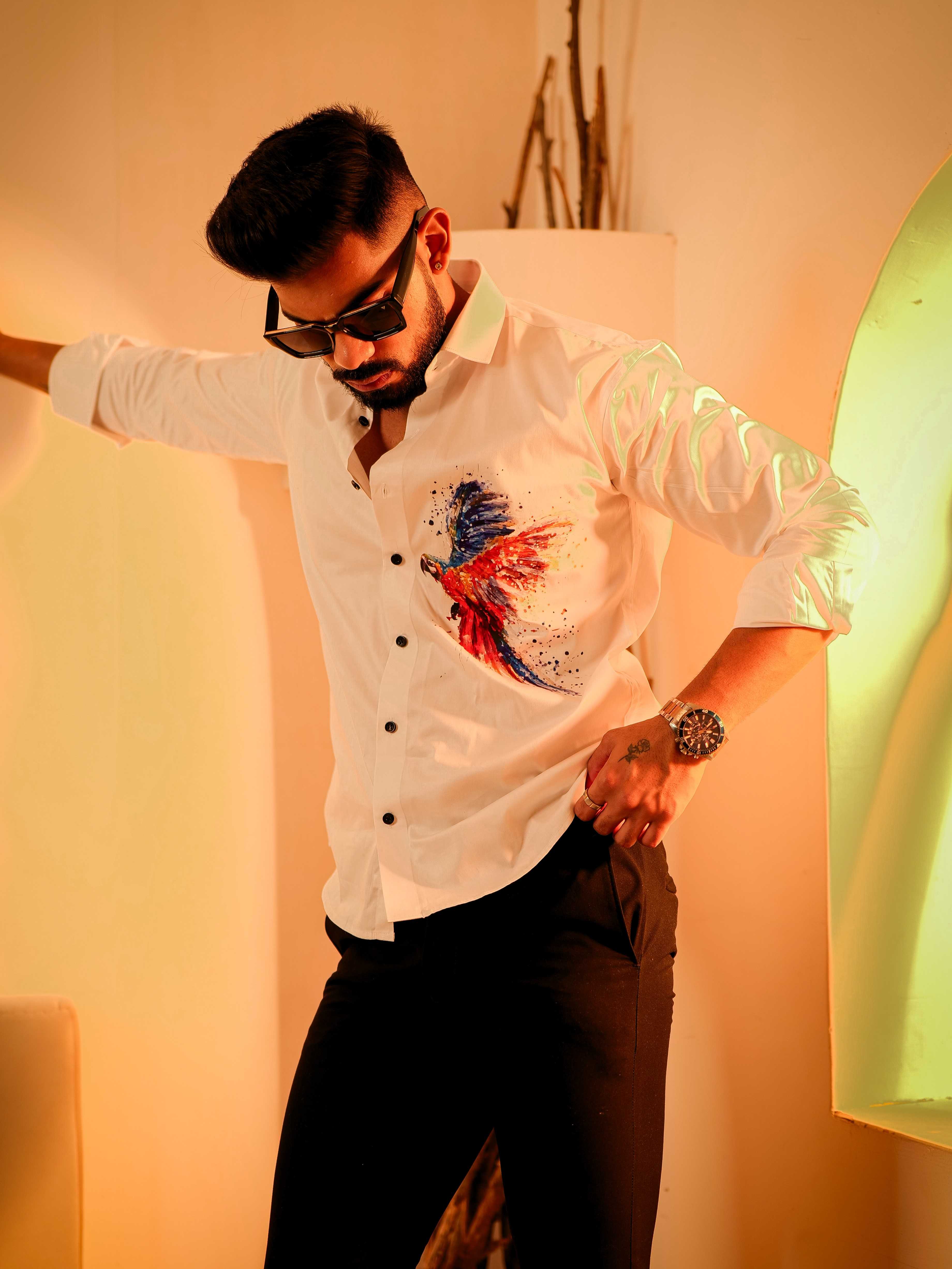White Club Wear Printed Satin Cotton Shirt - Image 7
