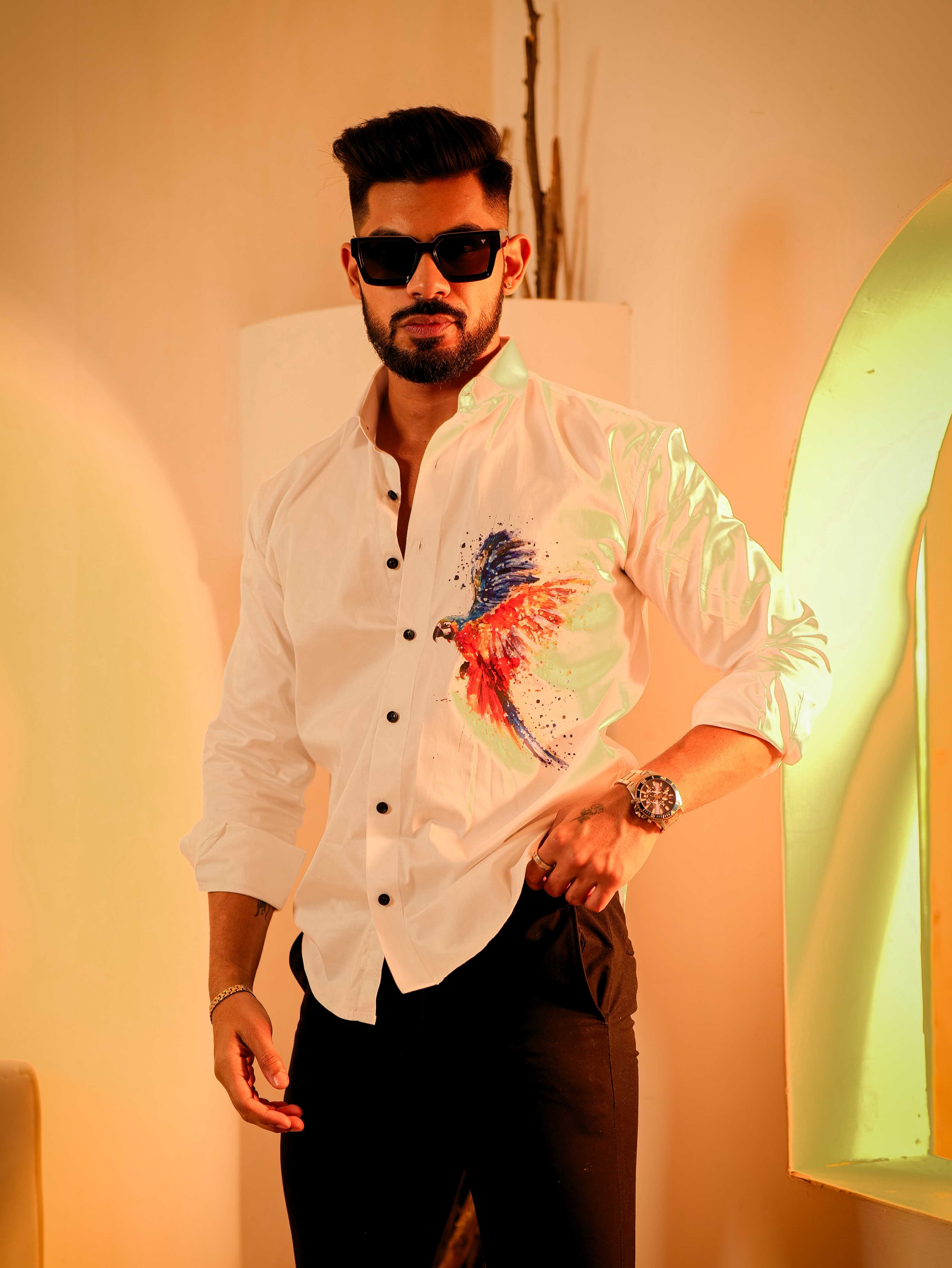 White Club Wear Printed Satin Cotton Shirt - Image 8
