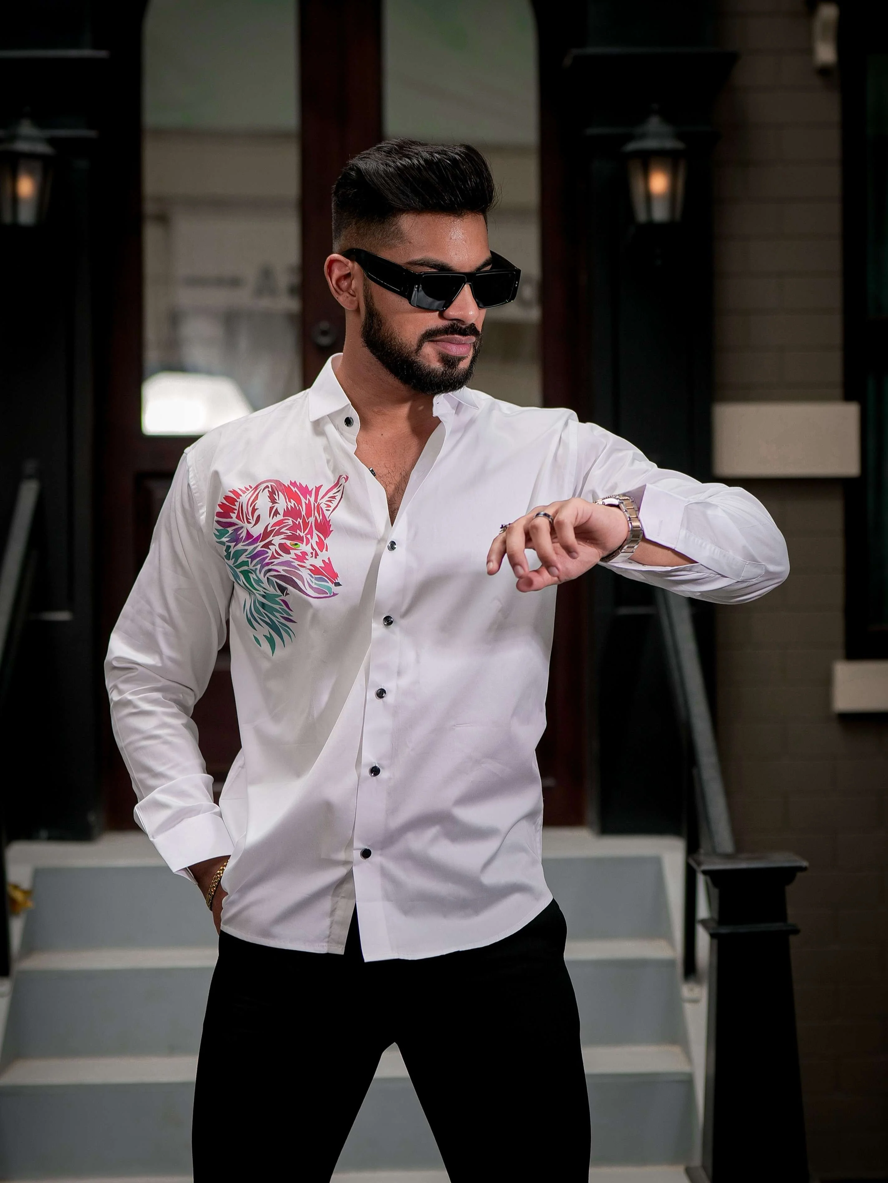 White Club Wear Printed Satin Cotton Shirt - Image 4