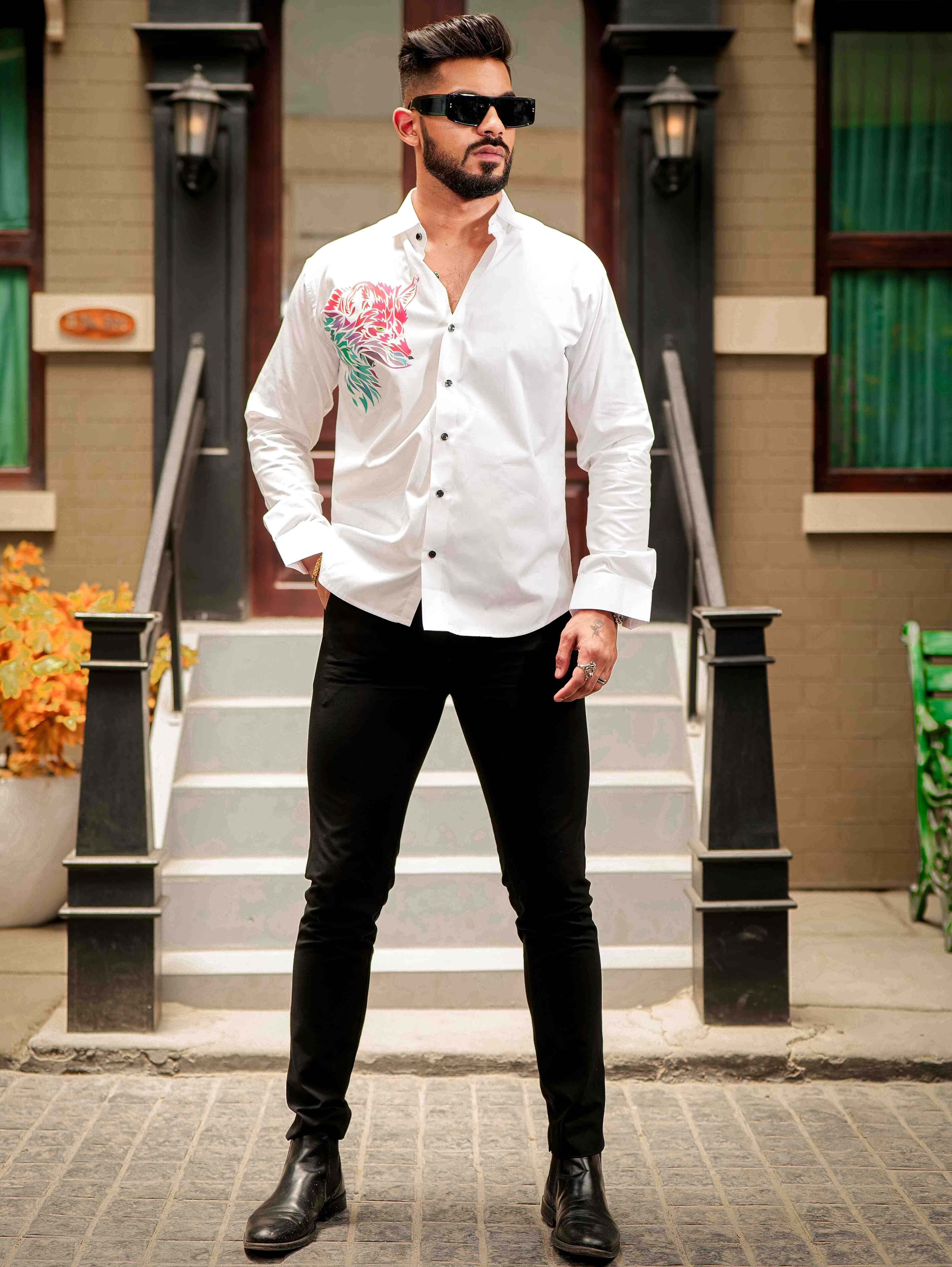 White Club Wear Printed Satin Cotton Shirt - Image 7