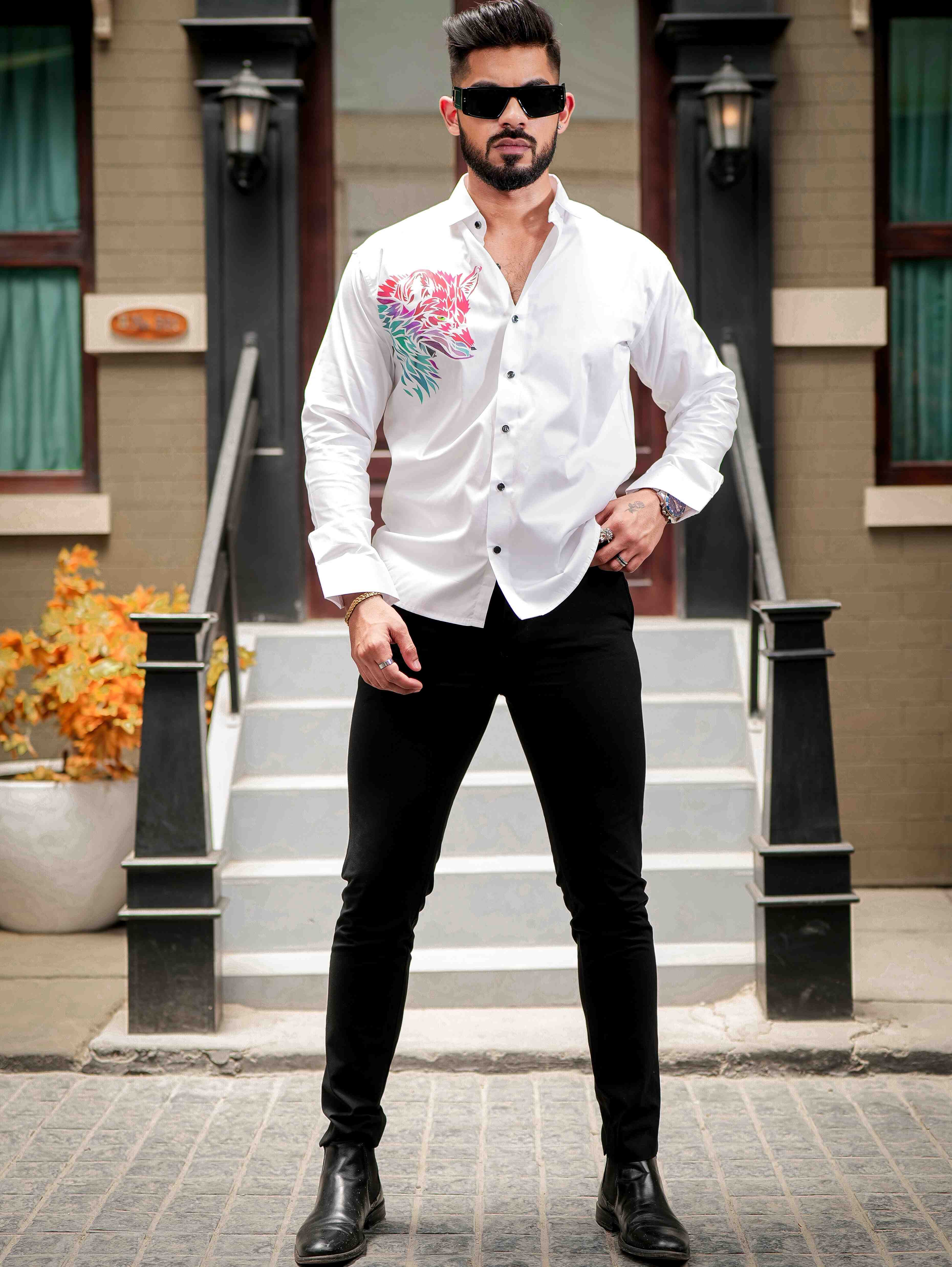 White Club Wear Printed Satin Cotton Shirt - Image 8