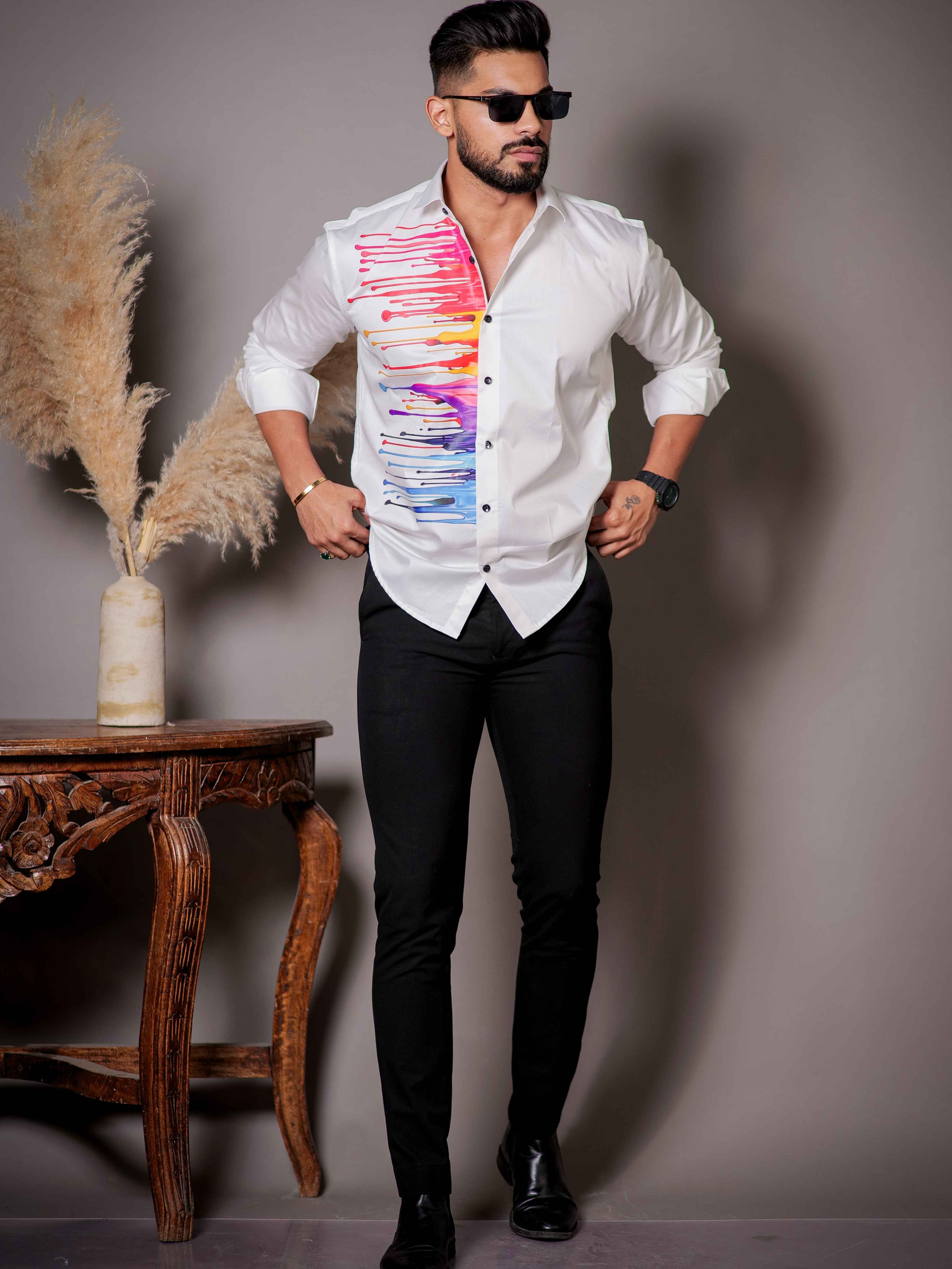 White Club Wear Printed Satin Cotton Shirt - Image 6