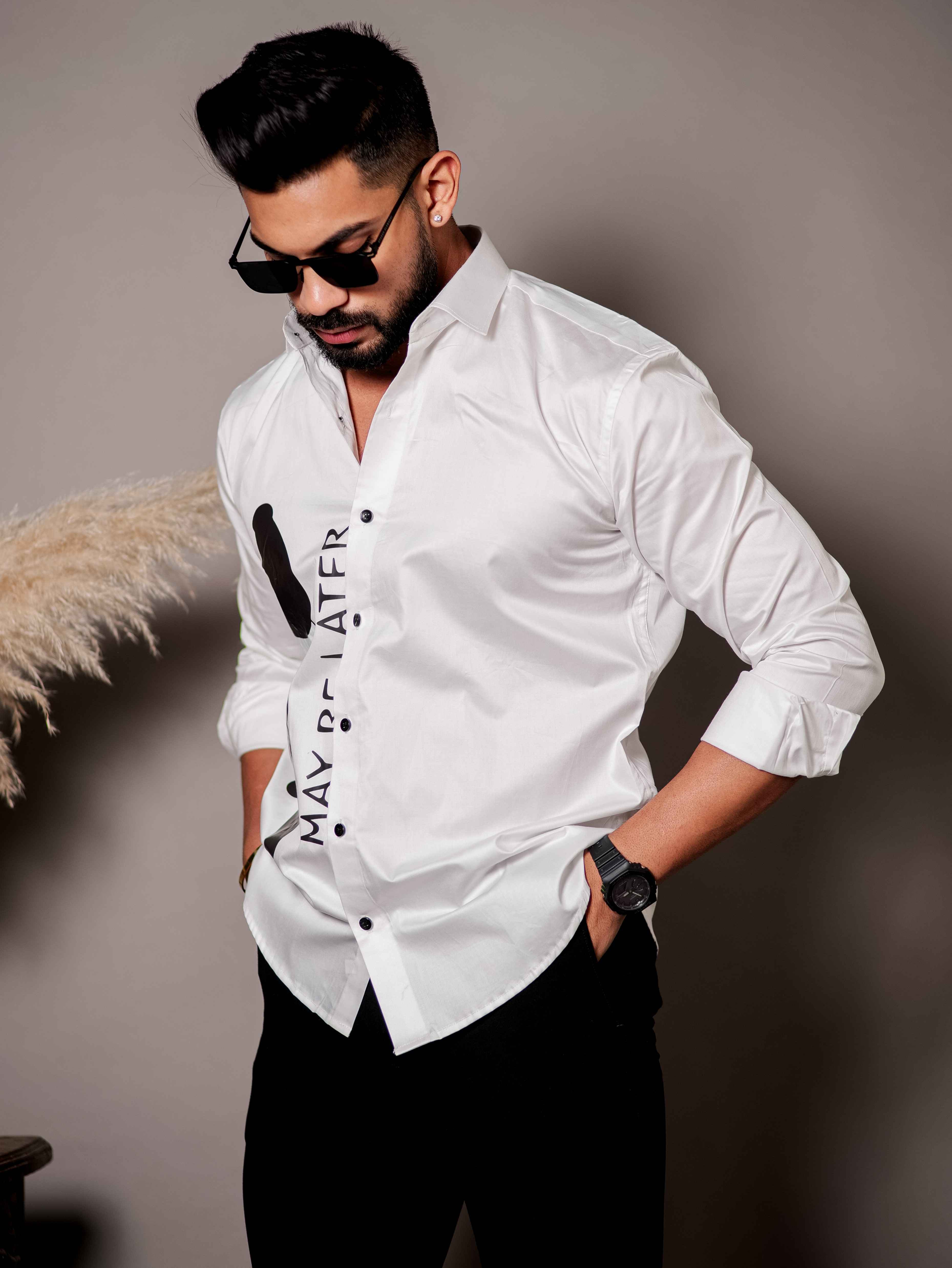 White Club Wear Printed Satin Cotton Shirt - Image 6