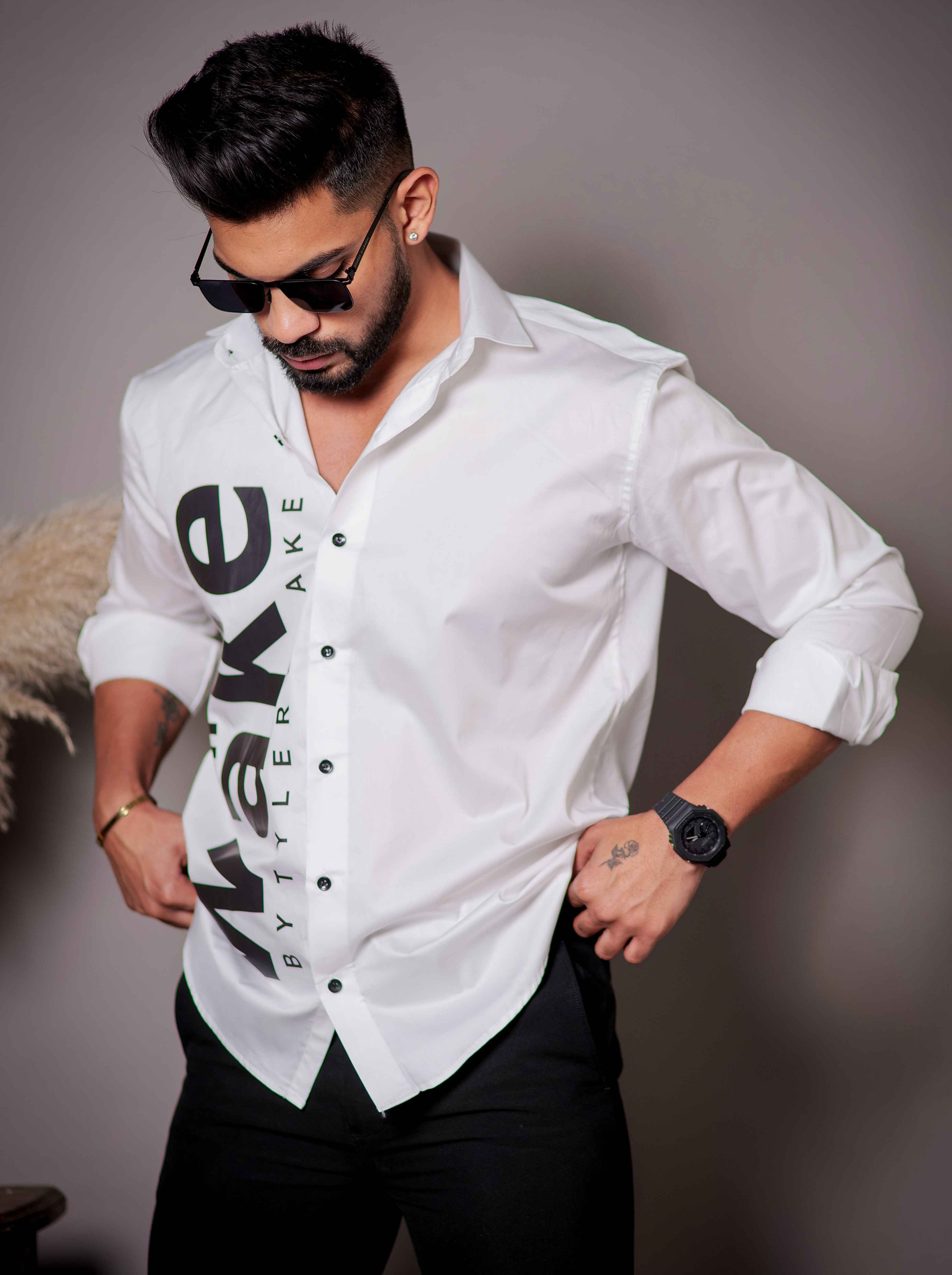 White Club Wear Printed Satin Cotton Shirt - Image 5