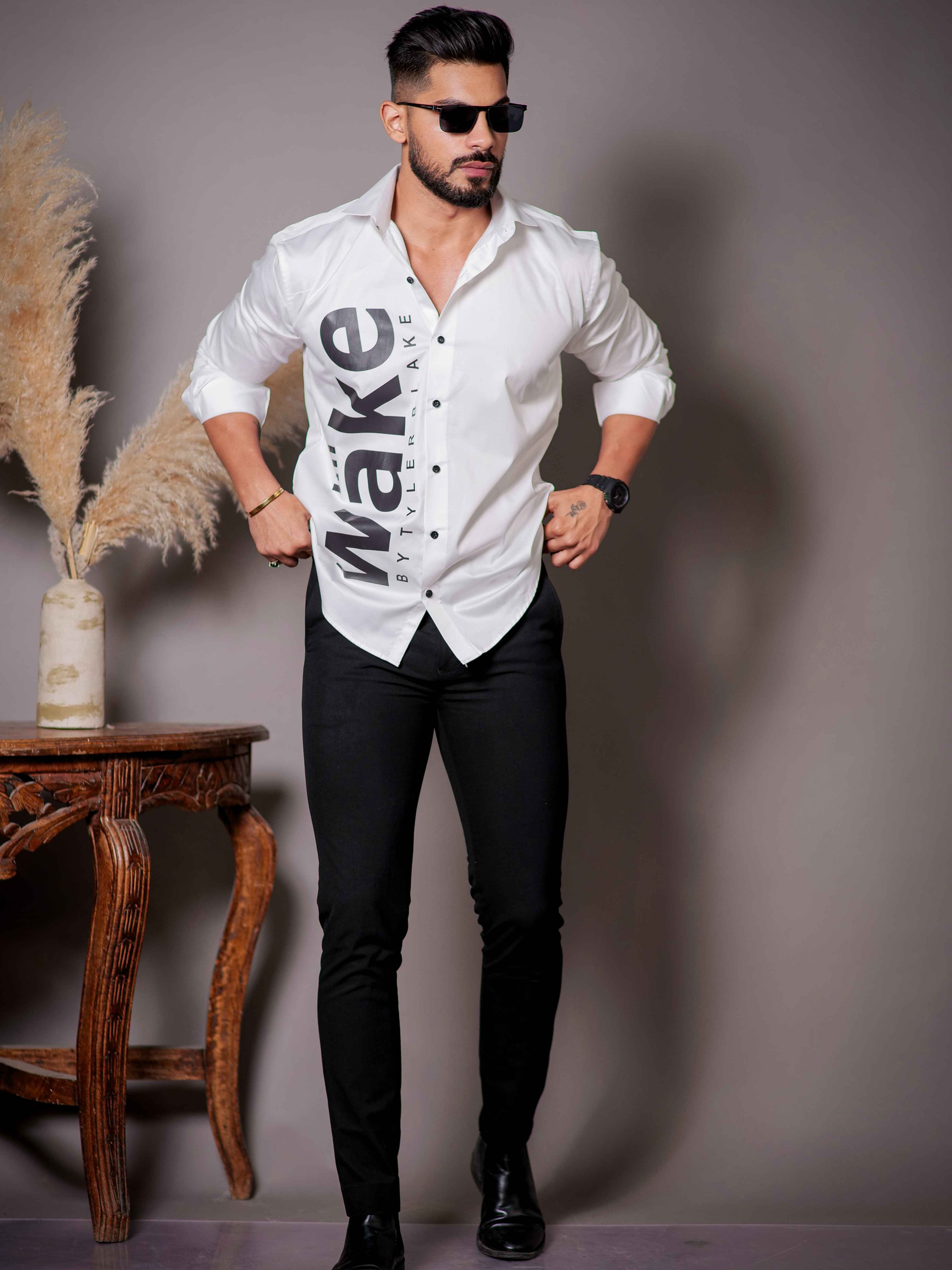White Club Wear Printed Satin Cotton Shirt - Image 6