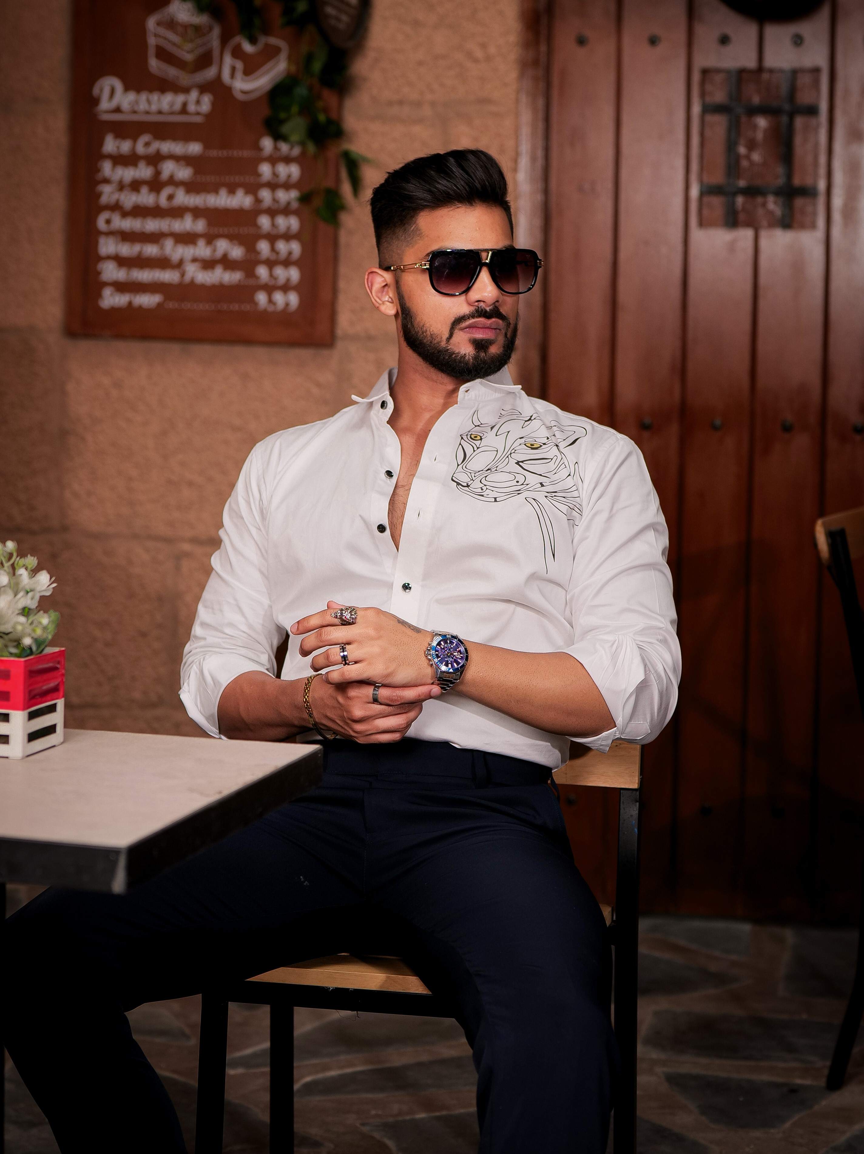 White Club Wear Printed Satin Cotton Shirt - Image 3