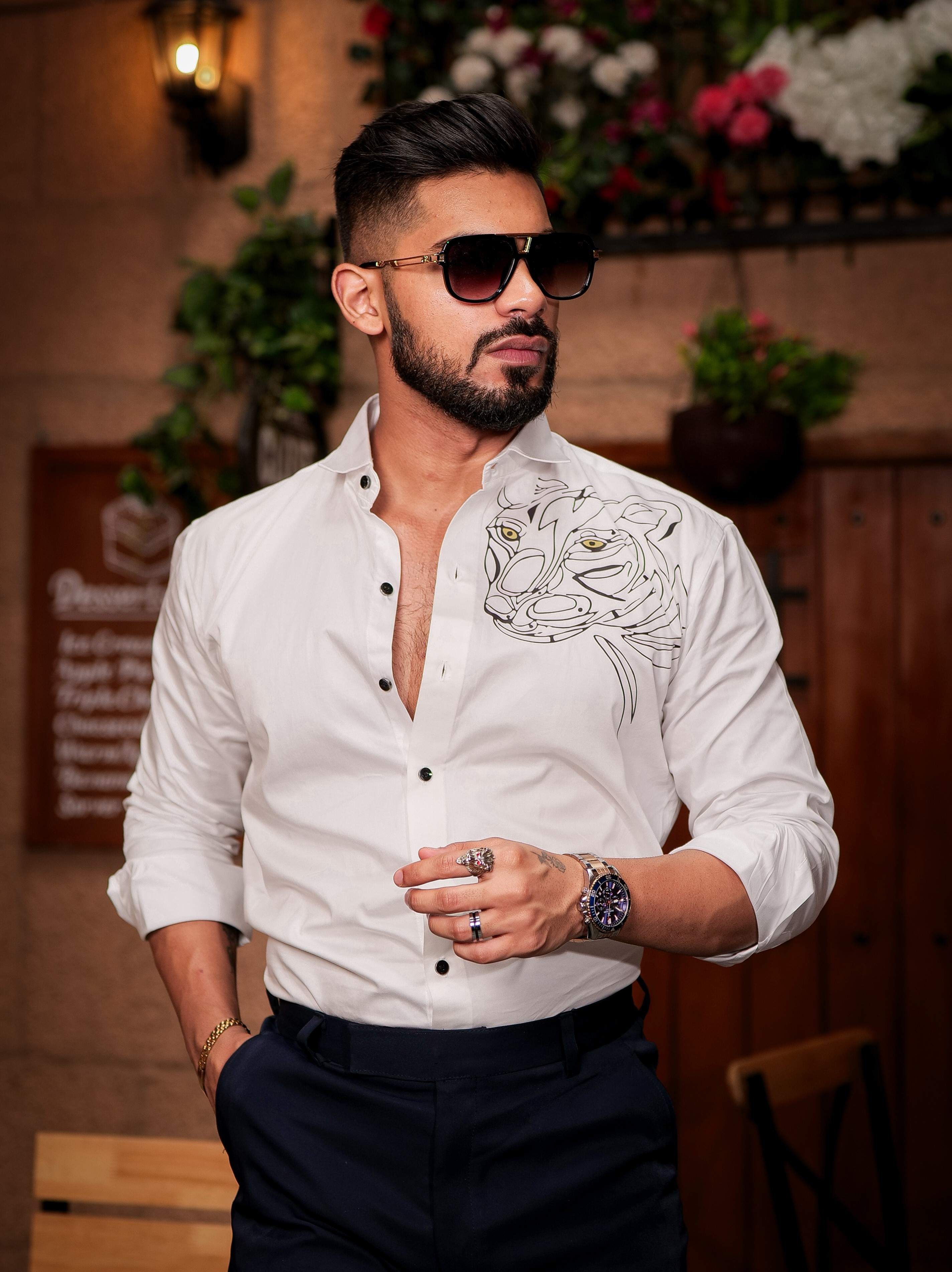 White Club Wear Printed Satin Cotton Shirt - Image 4
