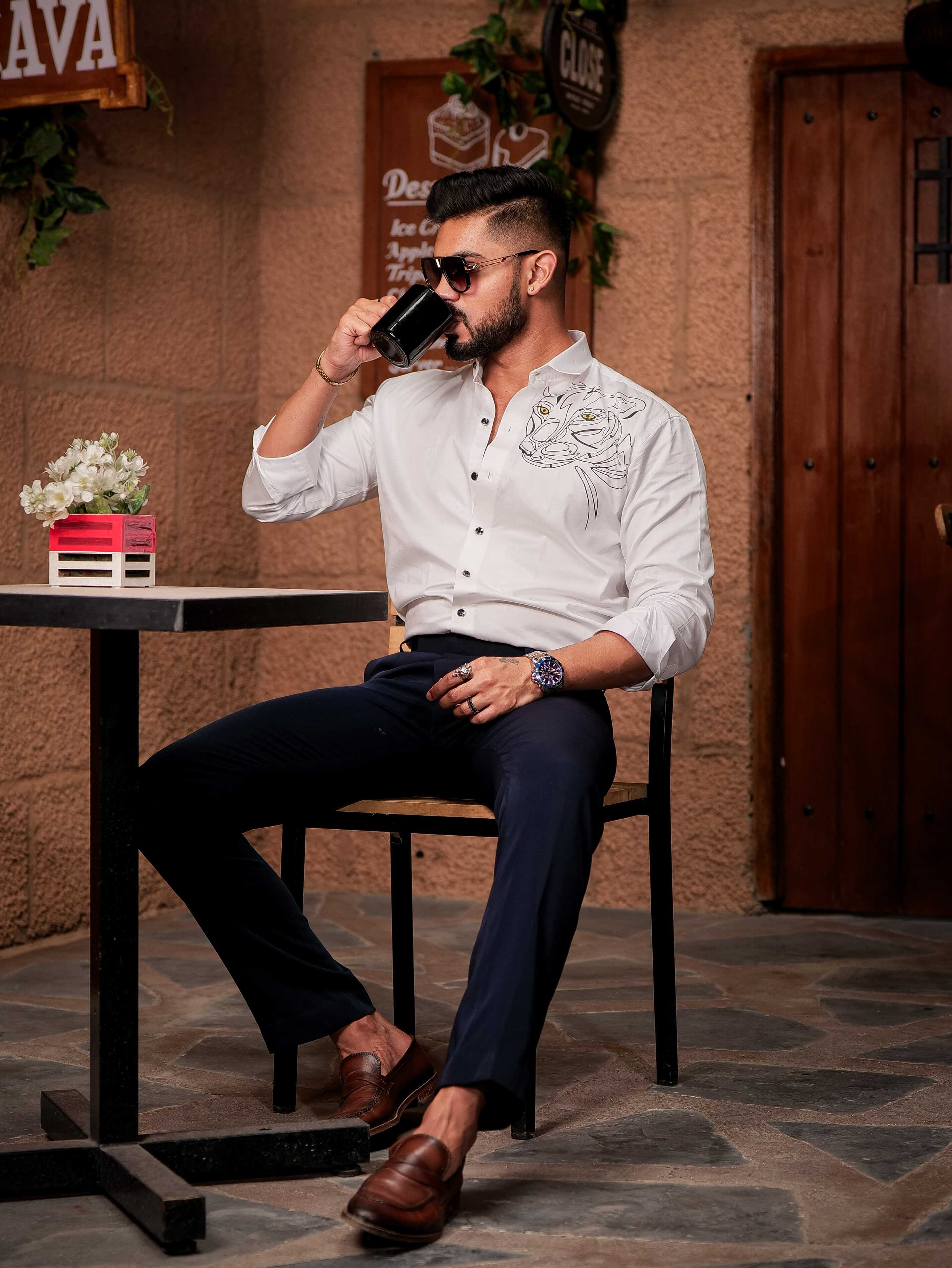 White Club Wear Printed Satin Cotton Shirt - Image 5